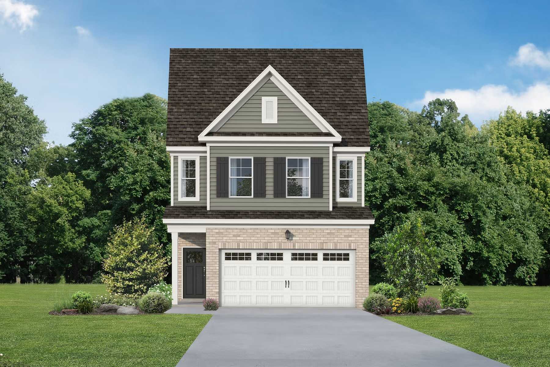 Two-story Durham D home by Davidson Homes in Lake Park Villas, Wylie, Texas: gray siding, brick base, two-car garage, tree-lined front yard