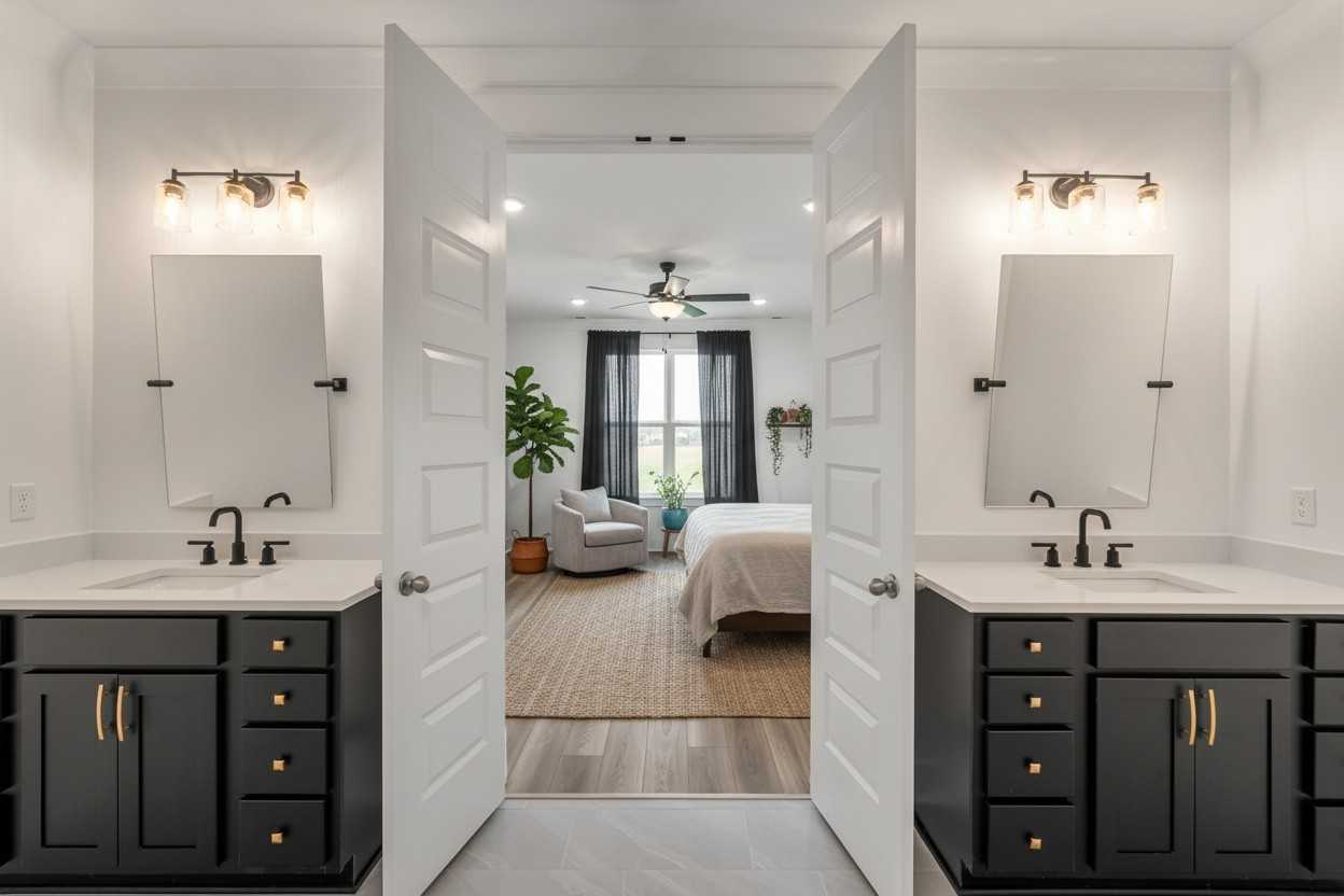 Elegant master bathroom with double black vanities, mirrors, and open doors to bedroom with ceiling fan in Davidson Homes The Hathaway, Murfreesboro