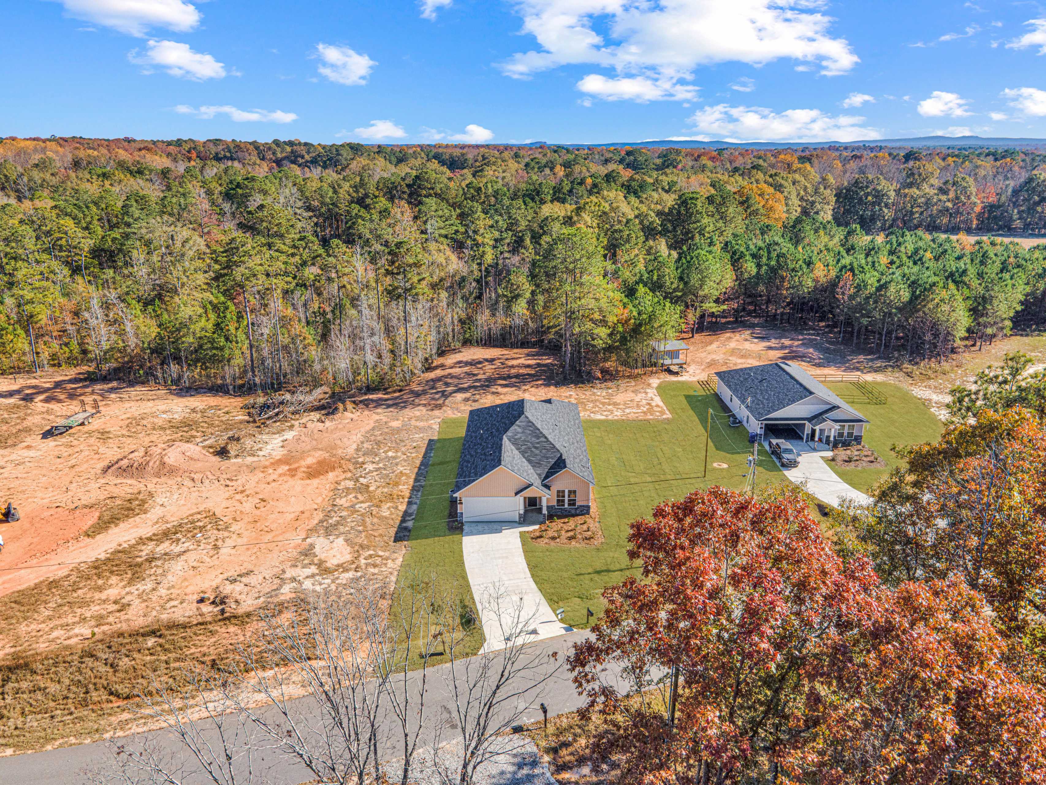 Modern single-story 4-bedroom home with beige siding, dark roof, attached garage, driveway, and pine trees in Silver Oak, Cusseta, Alabama