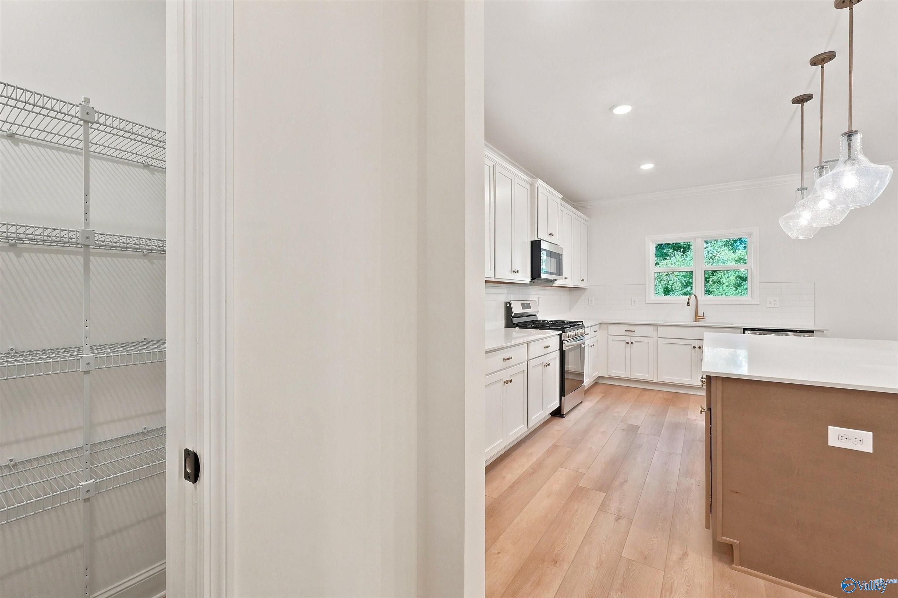 Walk-in pantry and modern white kitchen with island in The Chelsea C home at Creek Grove, New Market, Alabama.