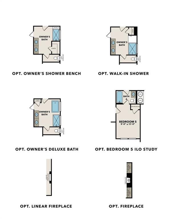 The Harrison H floor plan options: owner's shower bench, walk-in shower, deluxe bath, bedroom 5 or study, linear fireplace in Winder, Georgia