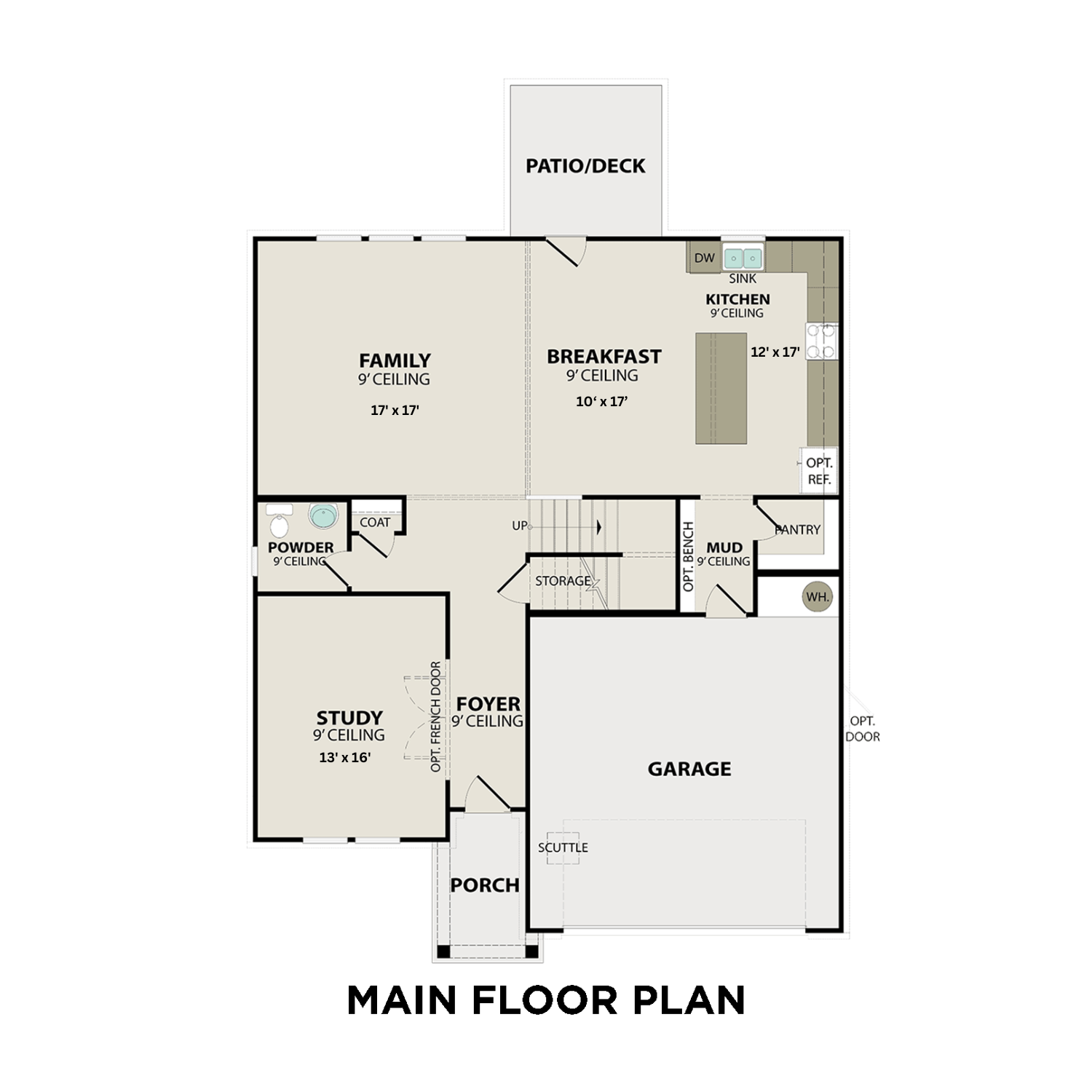 Main floor plan of The Henry A by Davidson Homes featuring open family room, gourmet kitchen, study, and two-car garage