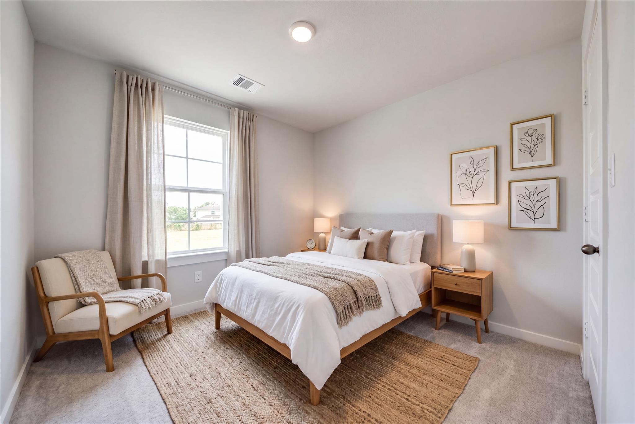 Bright neutral bedroom with upholstered bed, wood nightstand, and accent chair in Davidson Homes' The Blanco E, Dayton, Texas