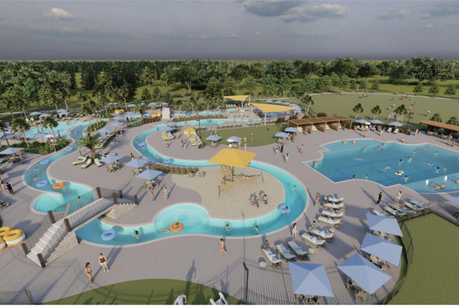 Resort-style lazy river pool at Sierra Vista in Rosharon TX with slides, cabanas, umbrellas and lounge seating