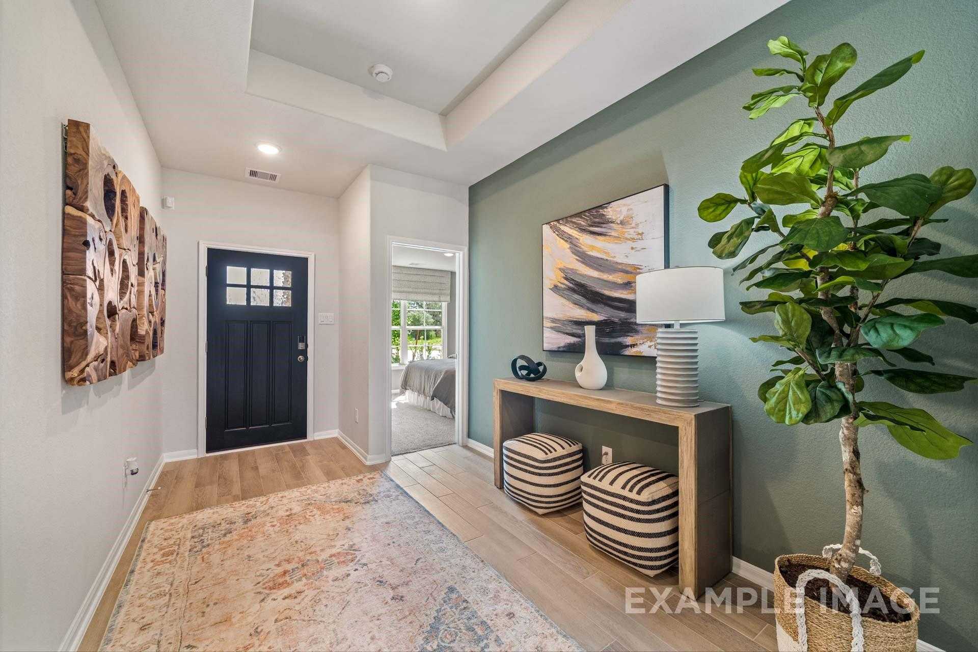 Elegant foyer with wooden wall art, navy door, console table, fiddle leaf fig in Davidson Homes The Acadia A, Lago Mar, Texas City