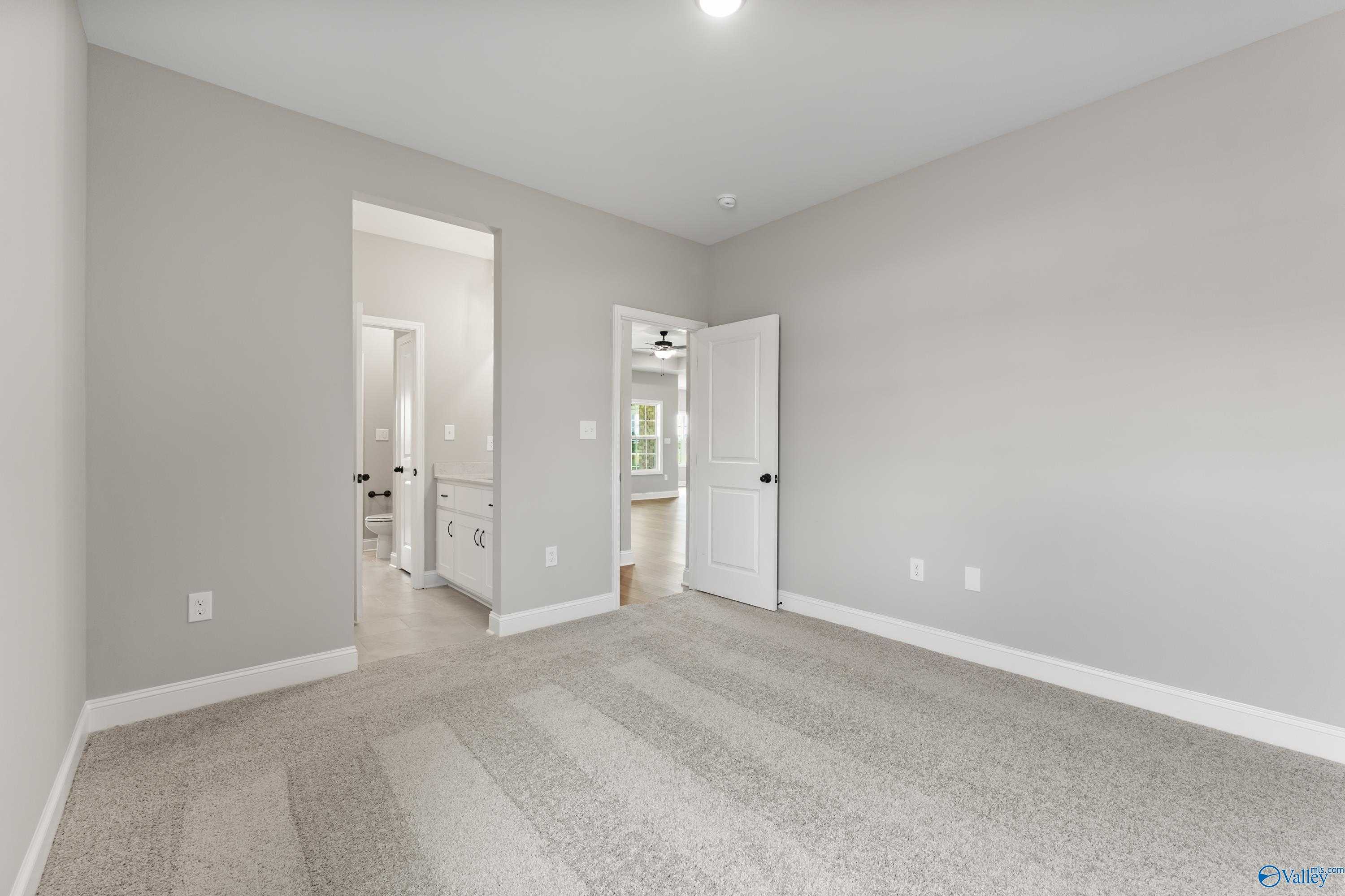 Bright secondary bedroom with gray walls, carpet flooring, and attached bath in Davidson Homes The Finleigh, Toney, Alabama
