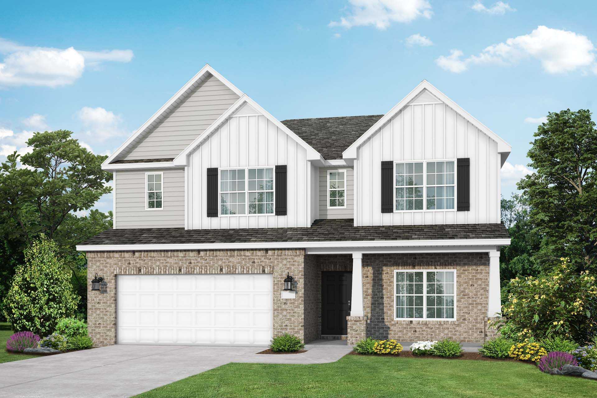 Shelby C two-story home elevation: white shiplap siding, brick base, 2-car garage, covered porch, landscaped yard in Meridianville AL