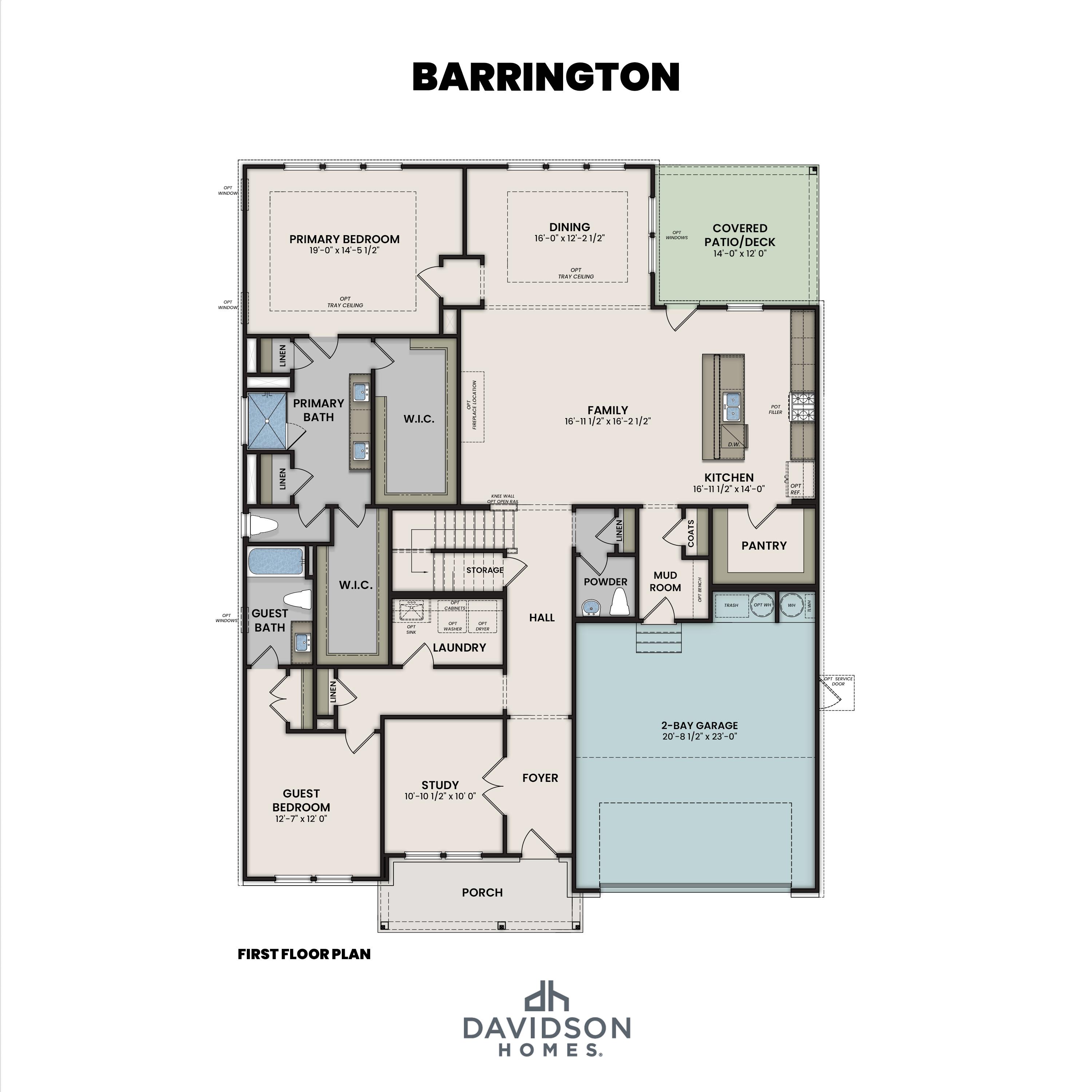 First floor plan of The Barrington showcasing primary suite, open kitchen, family room, dining, study, and two-car garage by Davidson Homes