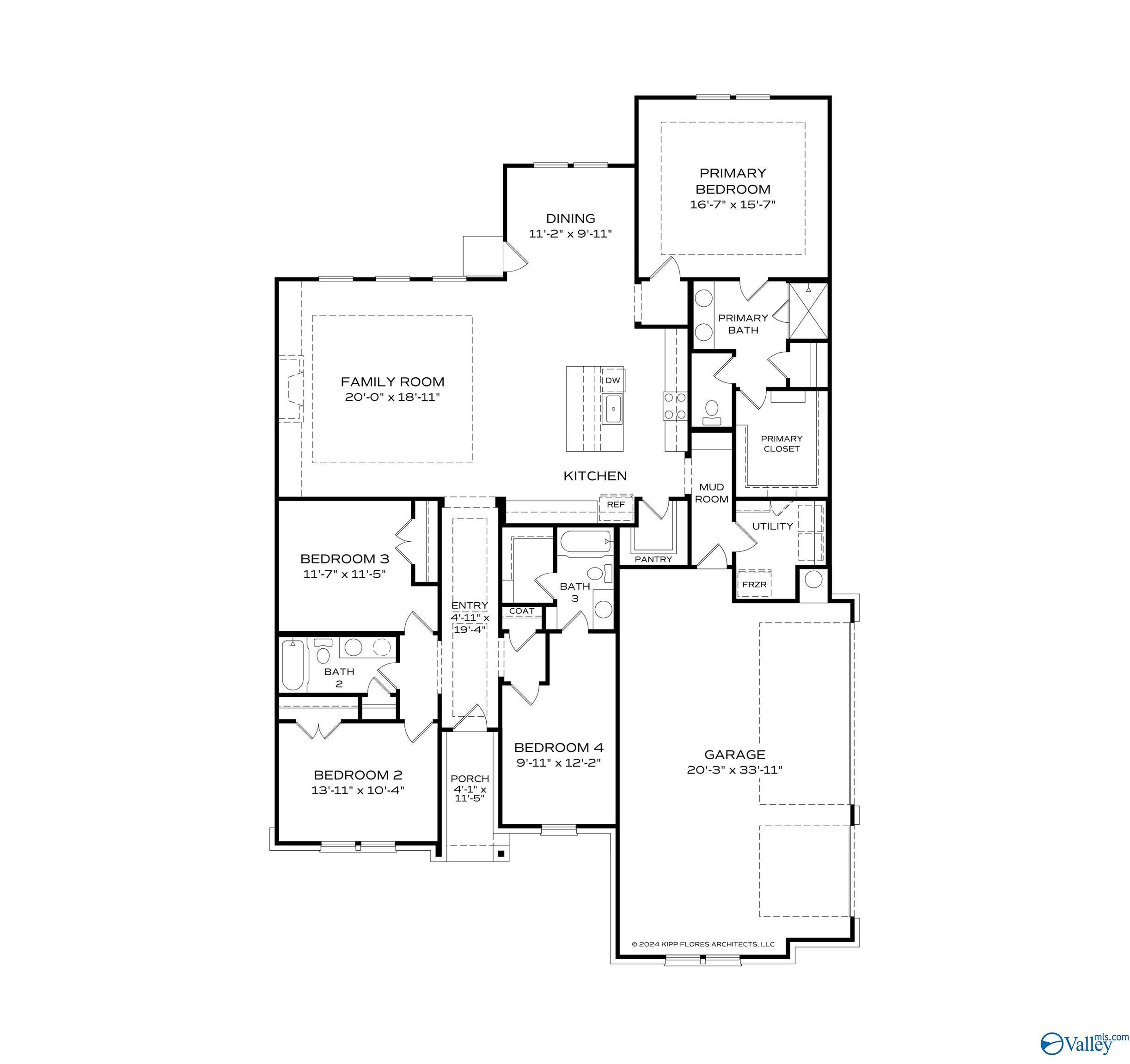 The Sanctuary floor plan: 4-bed, 3-bath, 2,434 sq ft single-story layout with open kitchen, family room, 3-car garage in Riverton Preserve, Huntsville