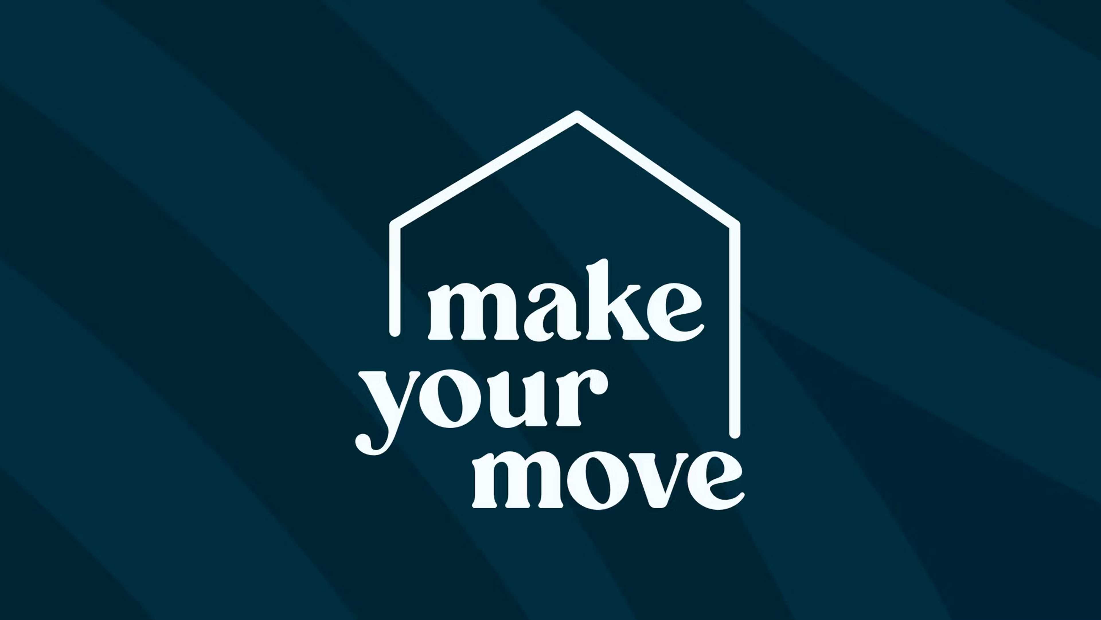 Bold "Make Your Move" slogan with house icon on navy blue striped background for Atlanta homebuilder Flex Cash promotion