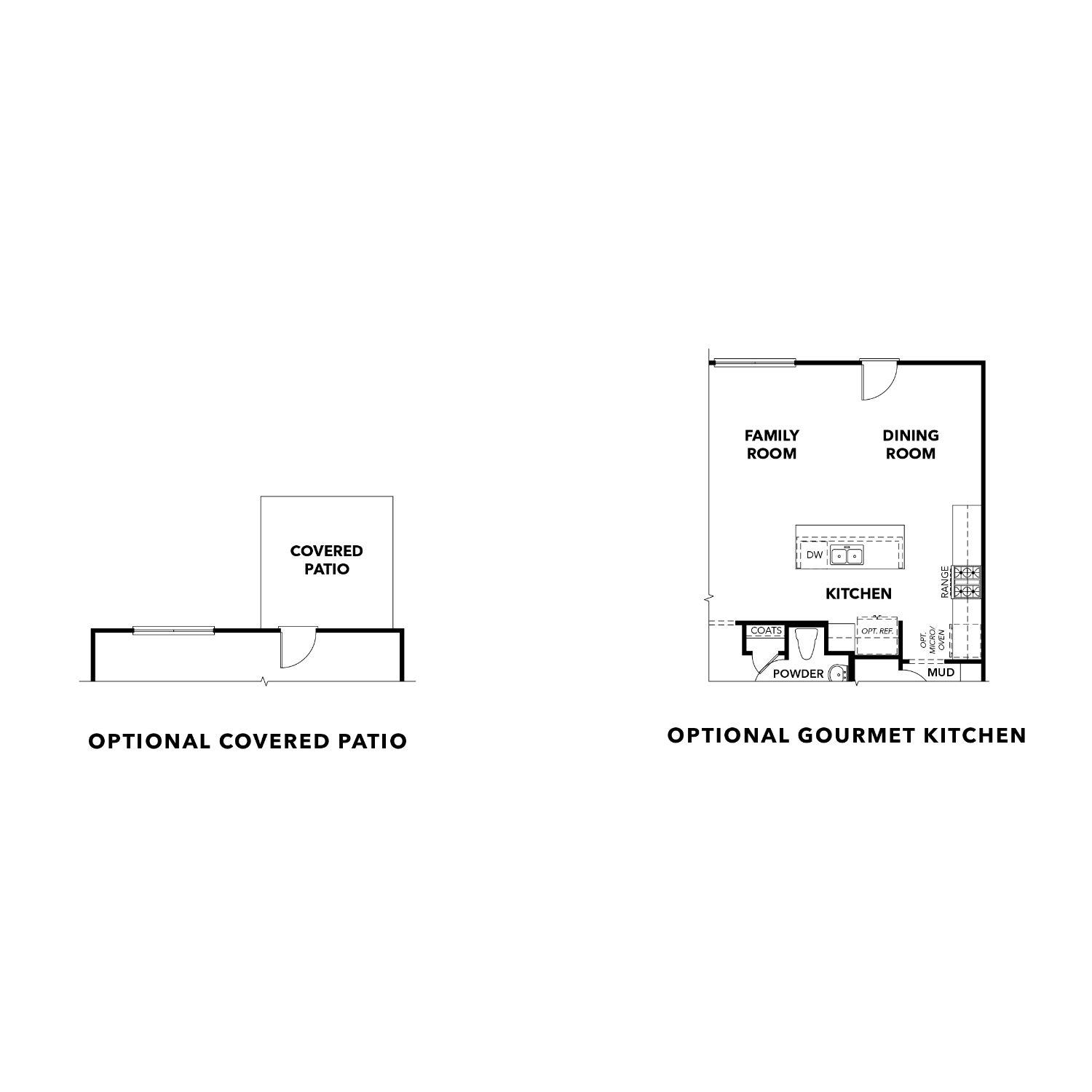 Optional covered patio and gourmet kitchen layout for The Wake F floor plan with open-concept dining and family room.