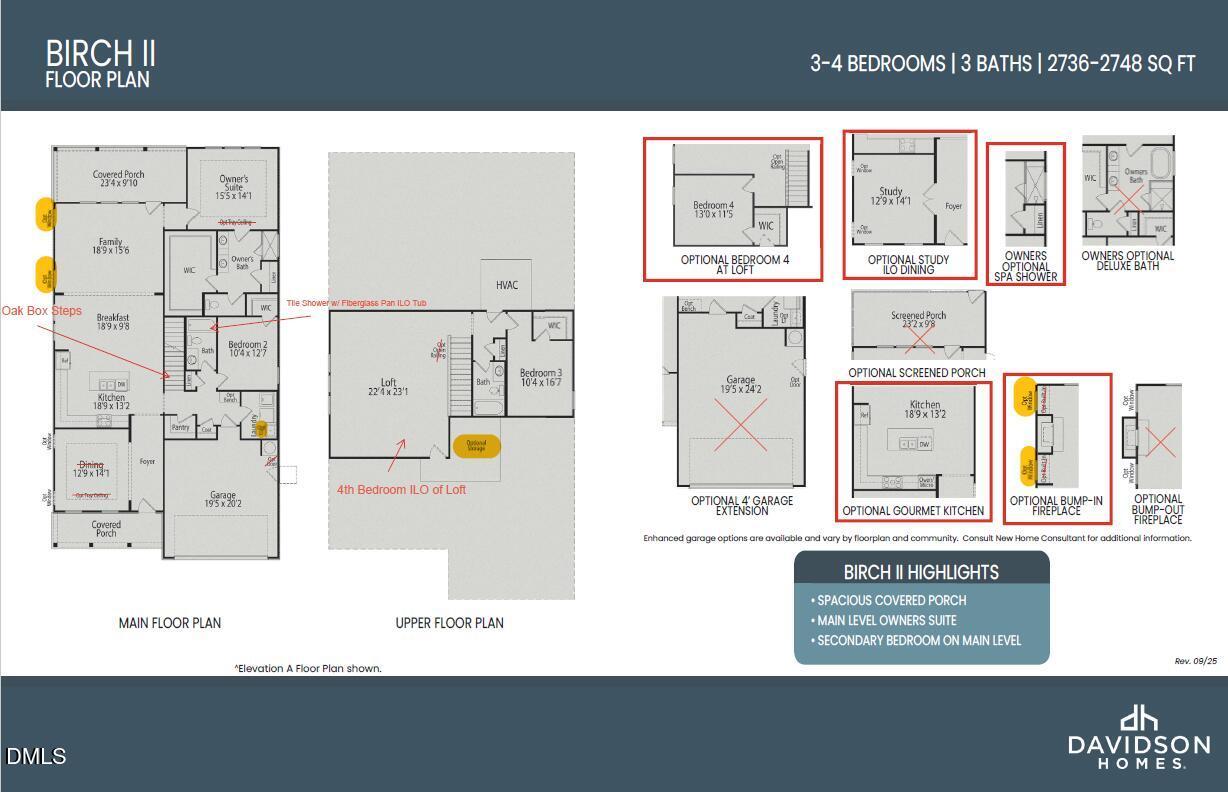 The Birch II E floor plan: 4-bedroom, 3-bath, 2,748 sq ft 2-story layout with main/upper levels, optional porch by Davidson Homes, Wake Forest, NC