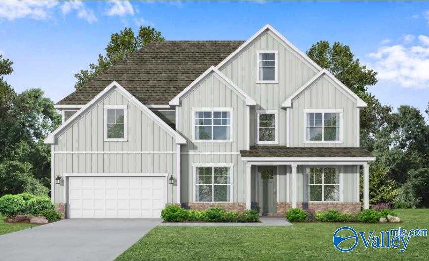 Two-story 5-bedroom Evermore Homes Madison D with gray siding, brick accents, two-car garage, and front porch in Evergreen Mill, Madison, Alabama