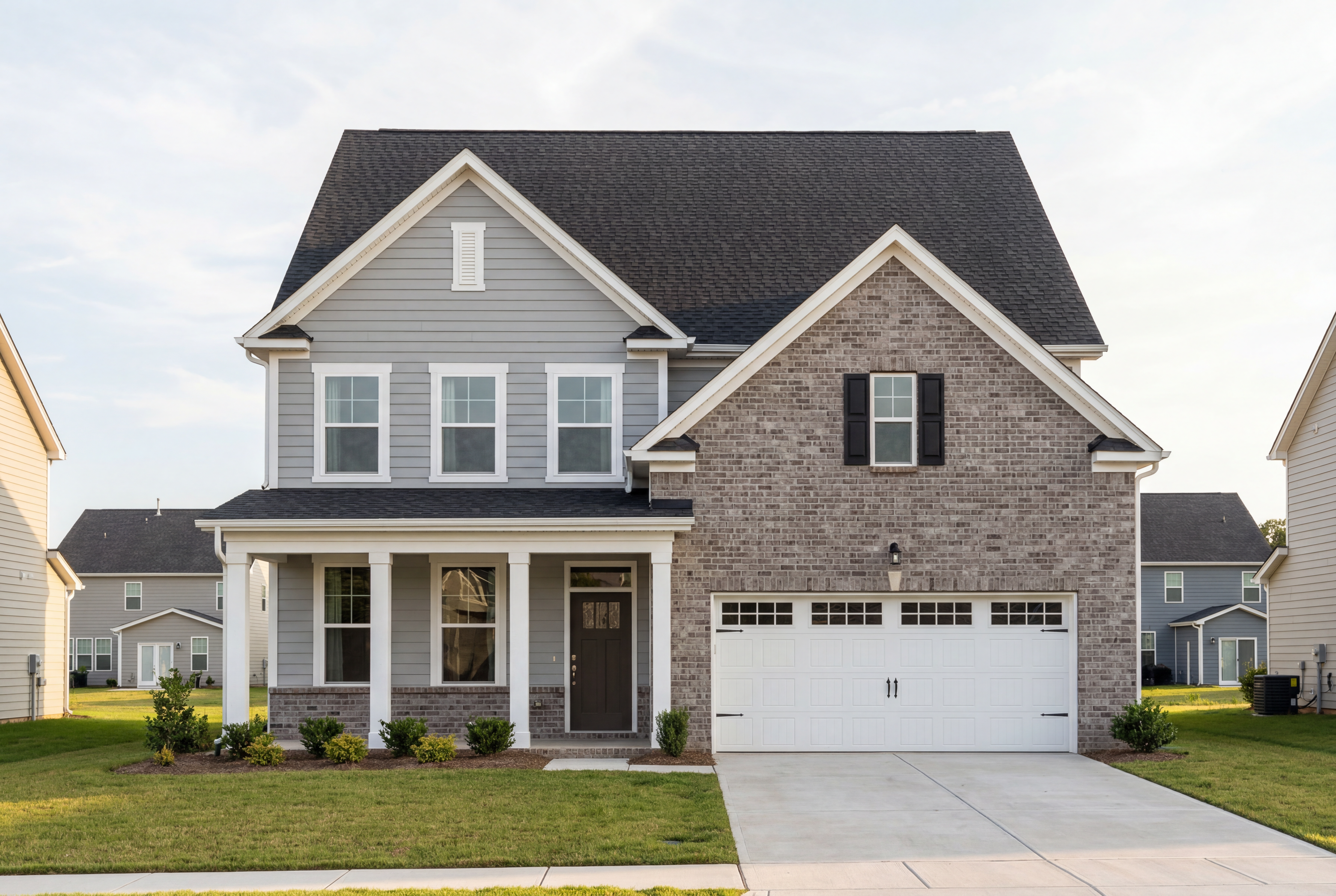 Two-story Hickory II home elevation featuring brick and vinyl siding, covered front porch, and two-car garage in Lillington NC