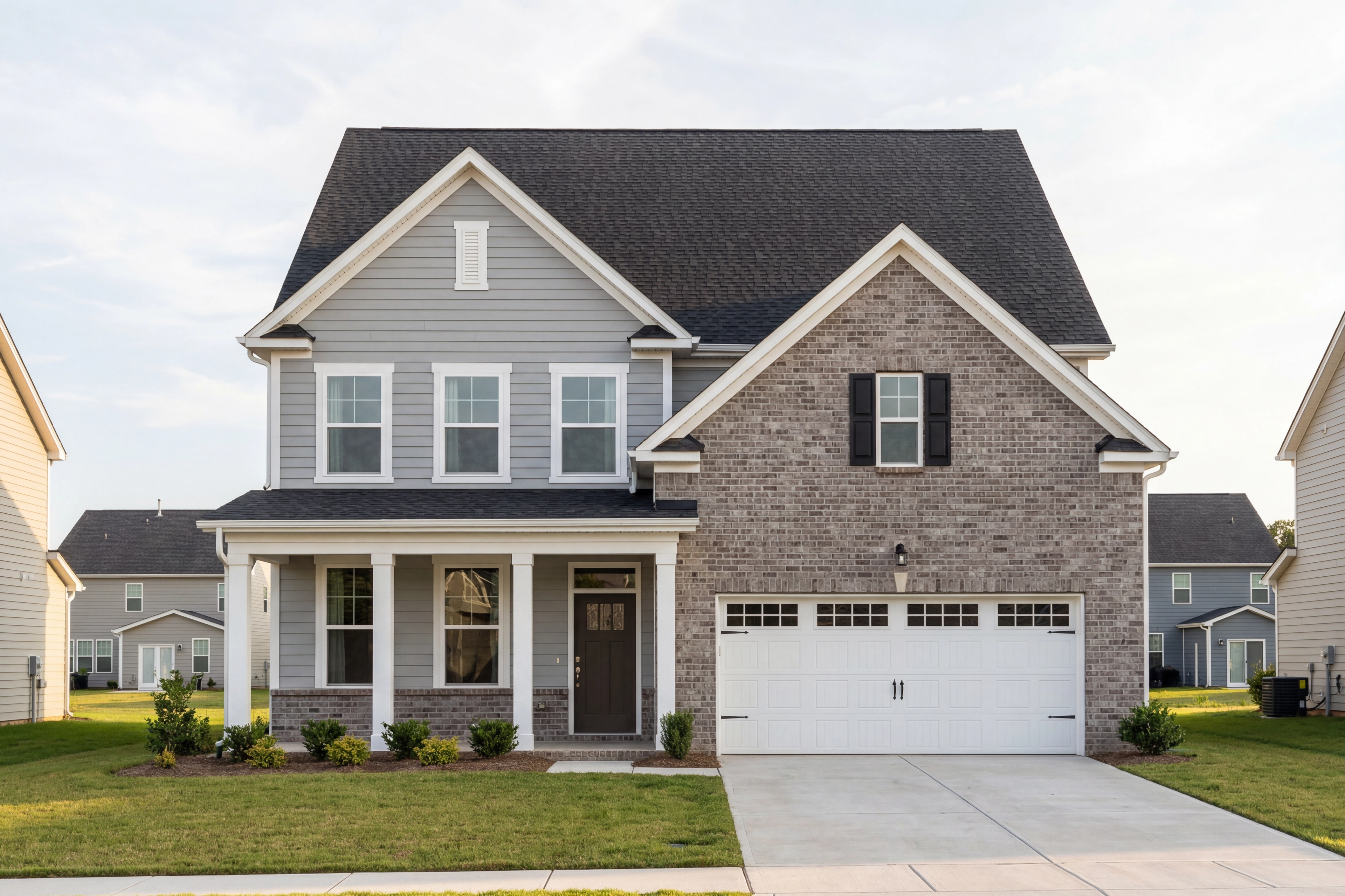 Two-story Hickory II home elevation featuring brick and vinyl siding, covered front porch, and two-car garage in Lillington NC