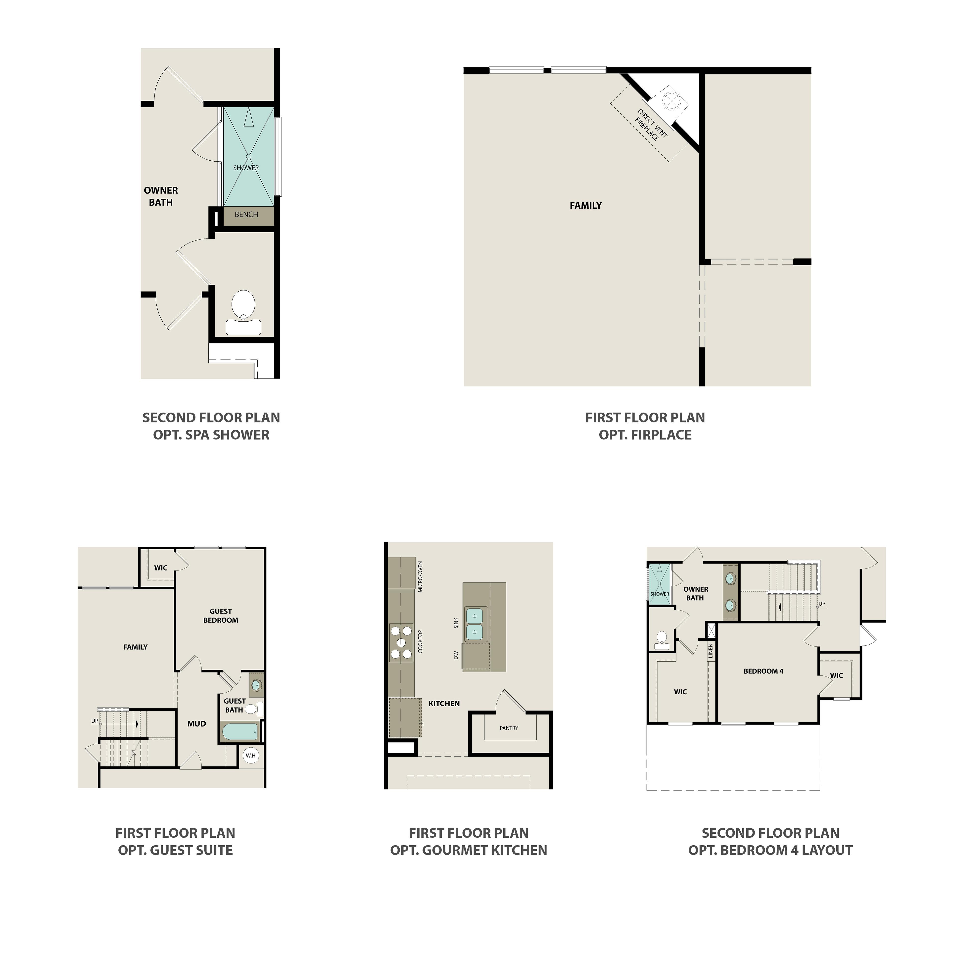 Optional floor plan layouts for The Willow C, featuring a gourmet kitchen, guest suite, and spa shower configurations.