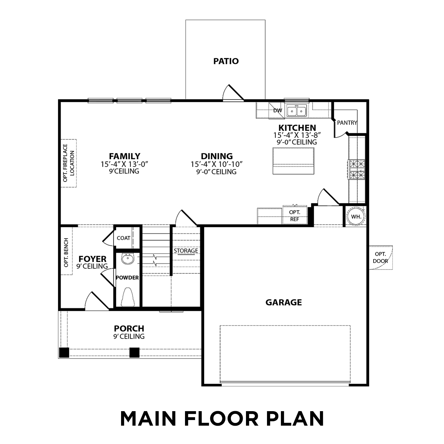 The Gordon C main floor plan: open foyer, 15' family room, dining area, 15x15 kitchen with pantry, 2-car garage, porch