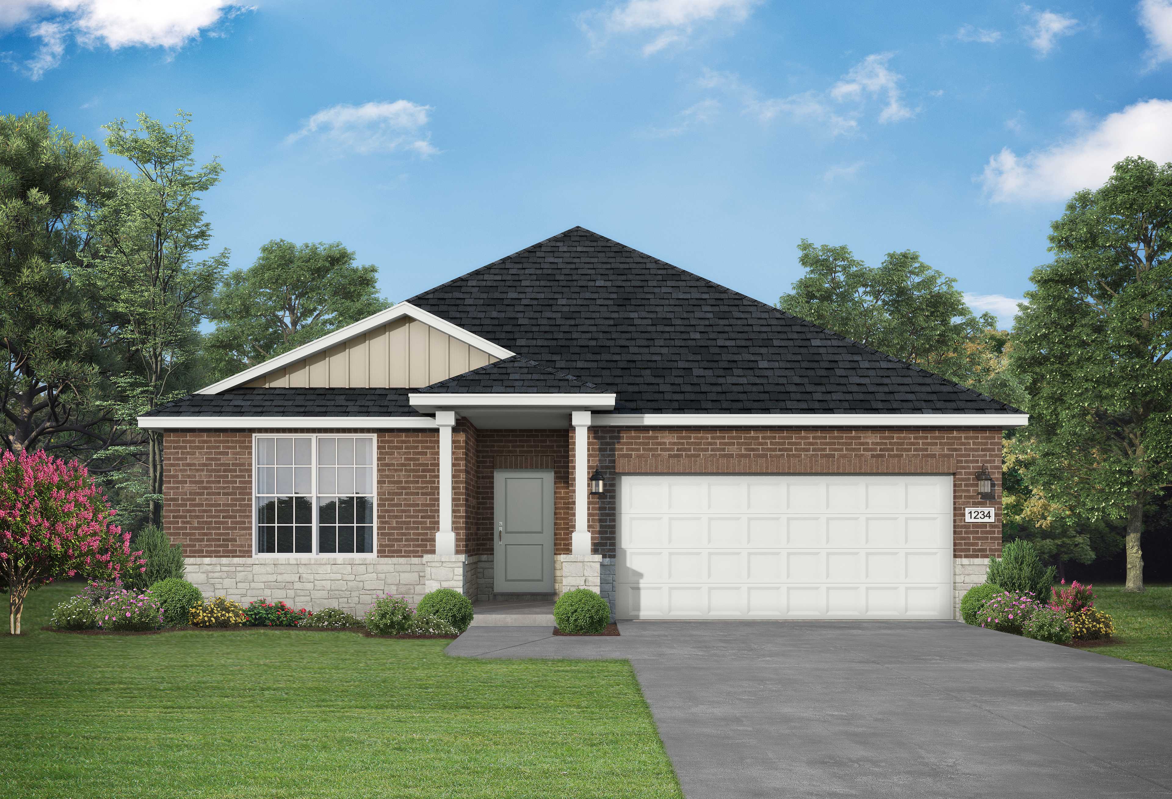 Charming single-story elevation of The Daphne F 4-bedroom home featuring brick base, beige siding, gabled roof, covered porch, and 2-car garage amid landscaped yard