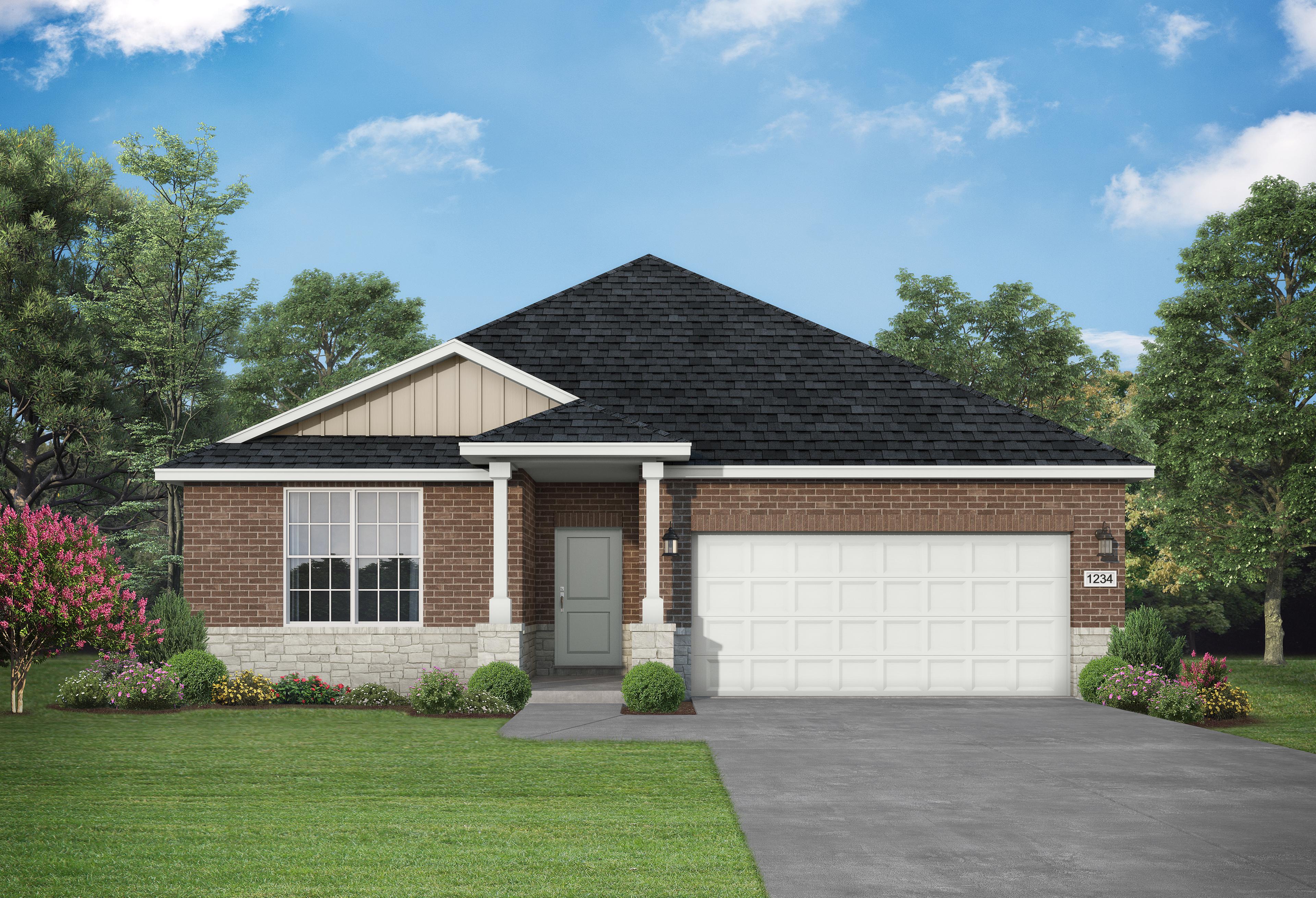 Charming single-story elevation of The Daphne F 4-bedroom home featuring brick base, beige siding, gabled roof, covered porch, and 2-car garage amid landscaped yard