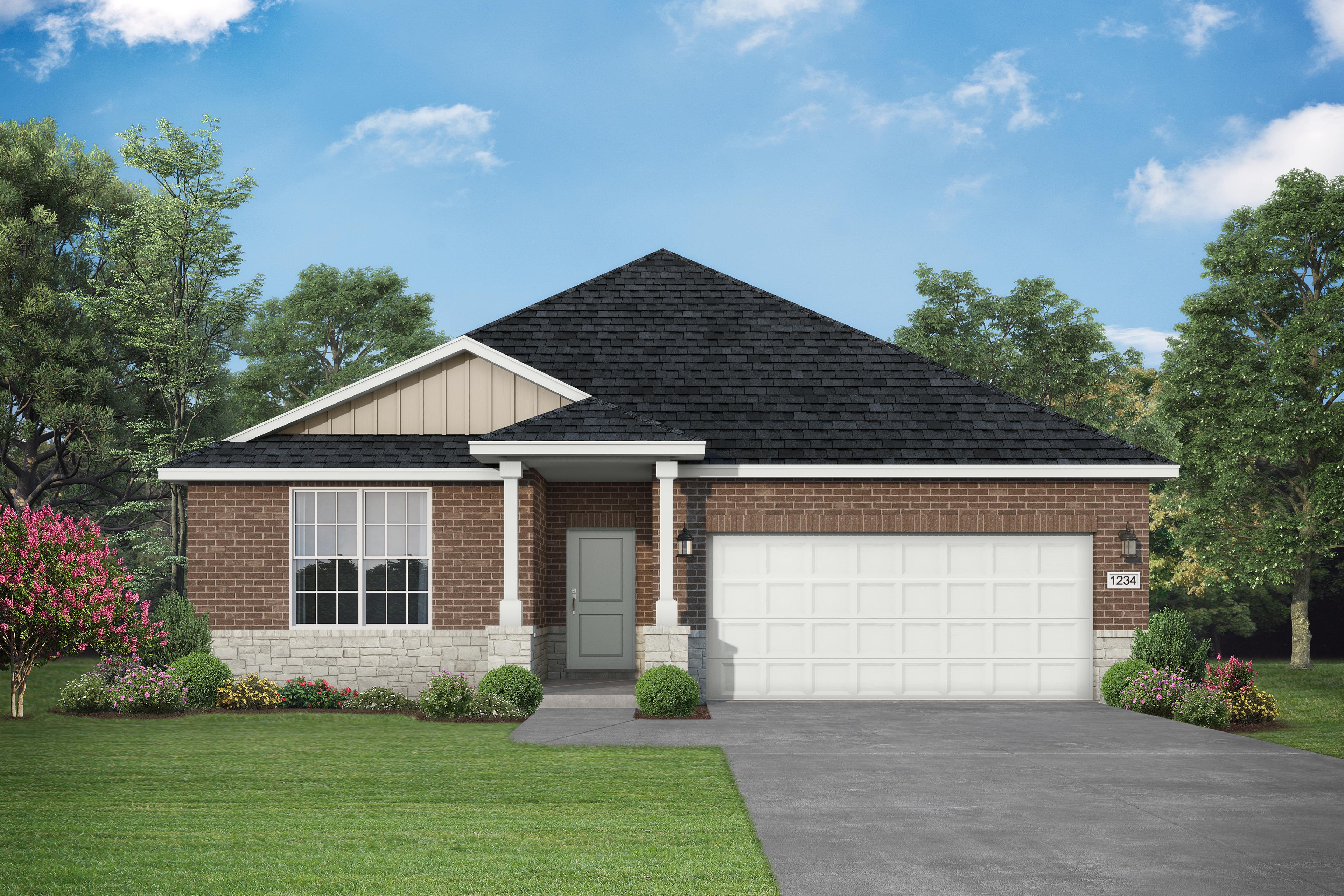 Charming single-story elevation of The Daphne F 4-bedroom home featuring brick base, beige siding, gabled roof, covered porch, and 2-car garage amid landscaped yard