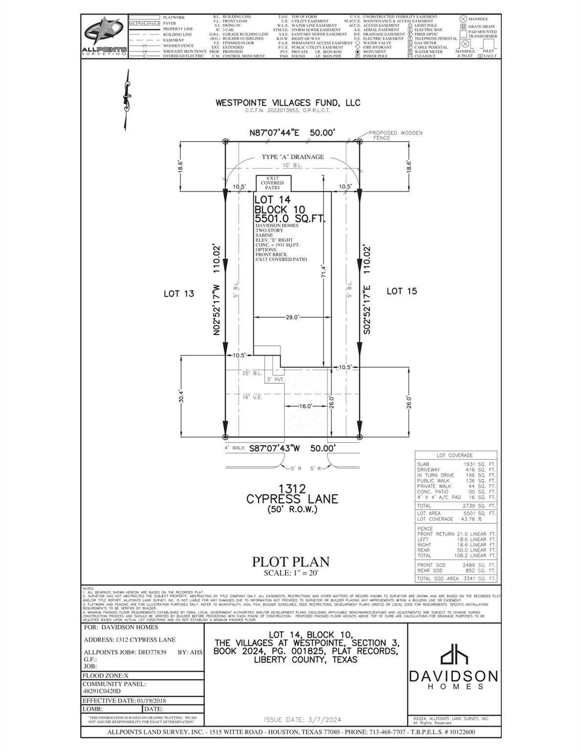 Plot plan diagram for Lot 14 Sabine E 4-bedroom home in The Villages at WestPointe, Dayton, Texas by Davidson Homes