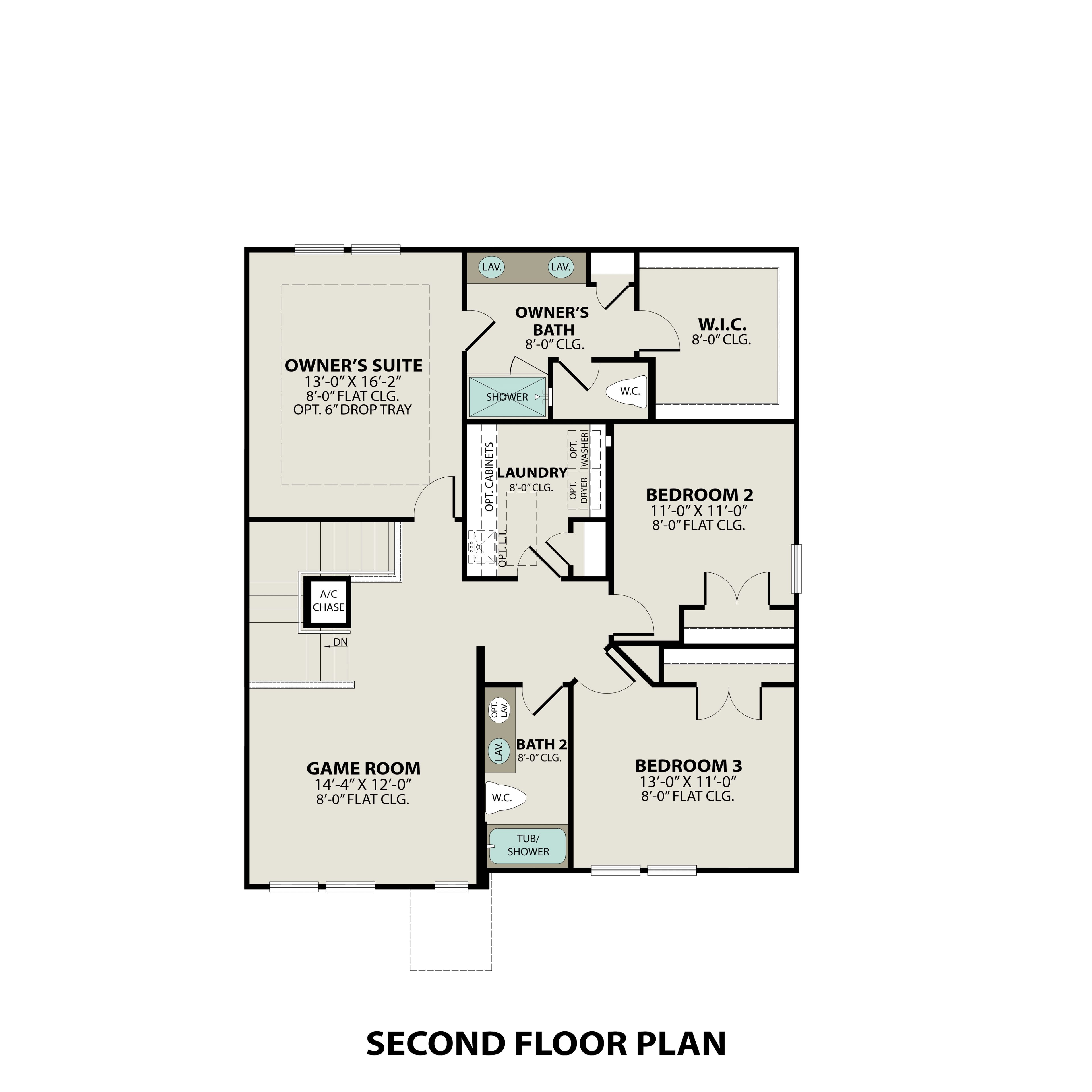 Second floor plan of The Logan B featuring owner's suite with bath and closet, bedrooms 2 and 3, game room, laundry, and bath