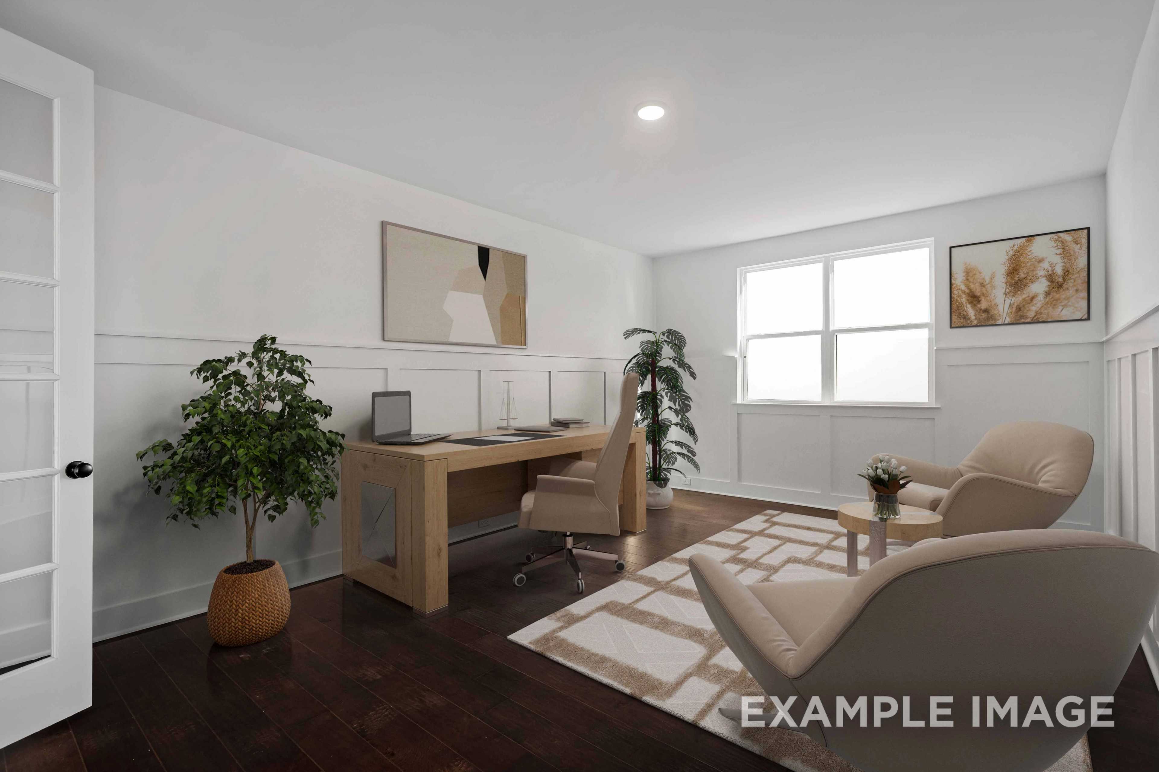 Spacious home office in Shelton Square Murfreesboro TN with wooden desk armchairs plants and abstract wall art