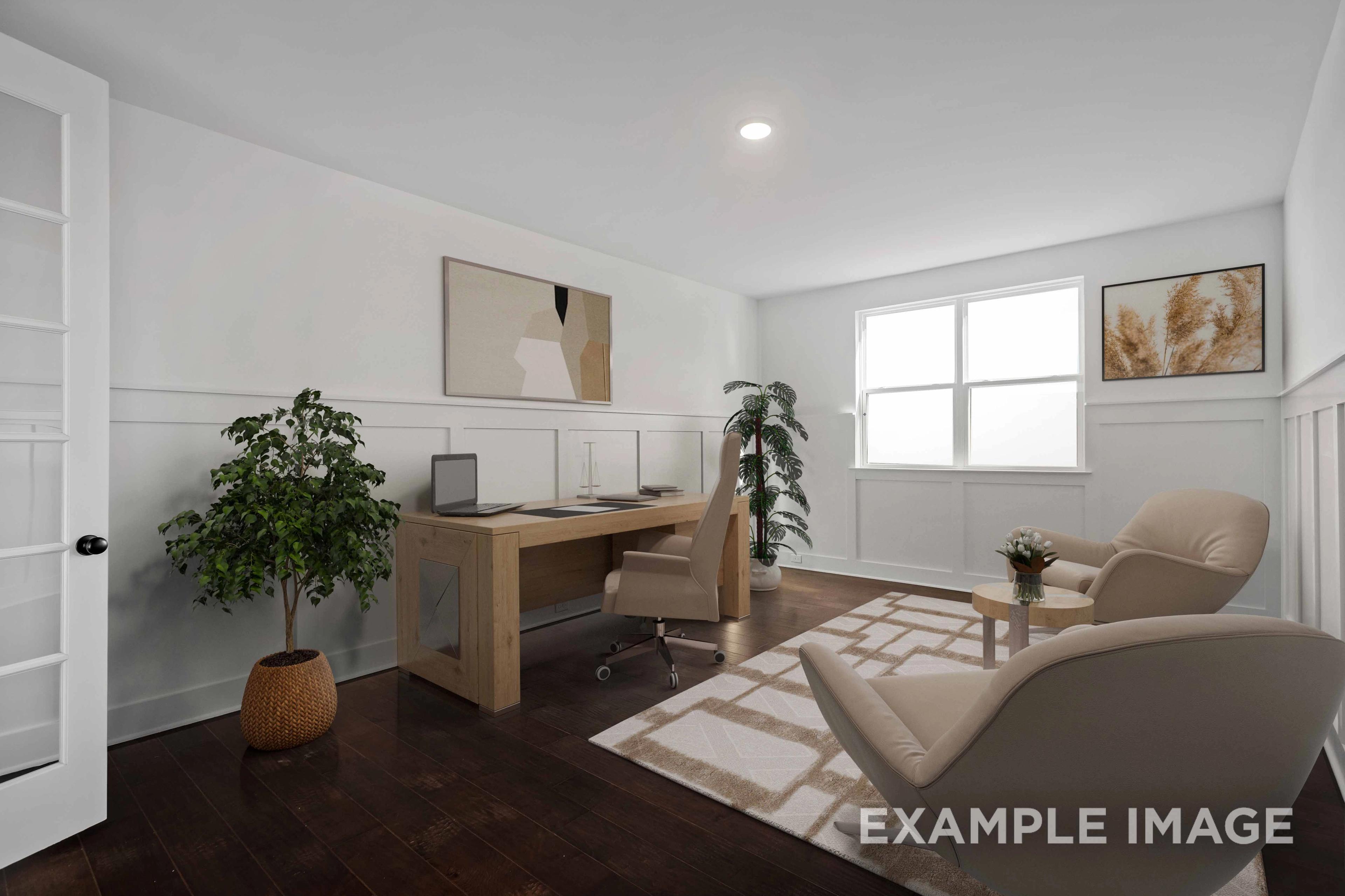 Spacious home office in Shelton Square Murfreesboro TN with wooden desk armchairs plants and abstract wall art
