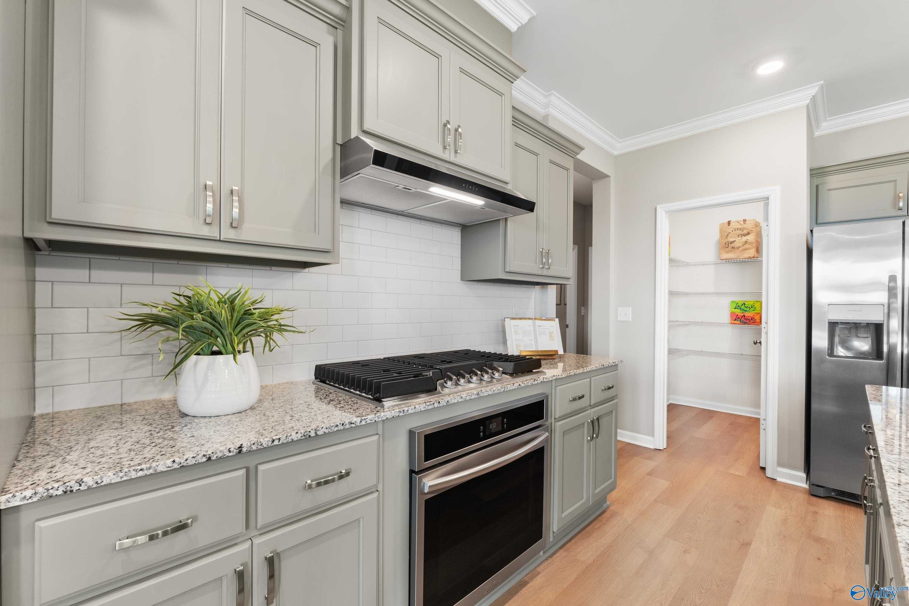 Modern gray kitchen featuring granite counters, stainless appliances, subway tile backsplash, and pantry in Davidson Homes The Sanctuary, Athens AL