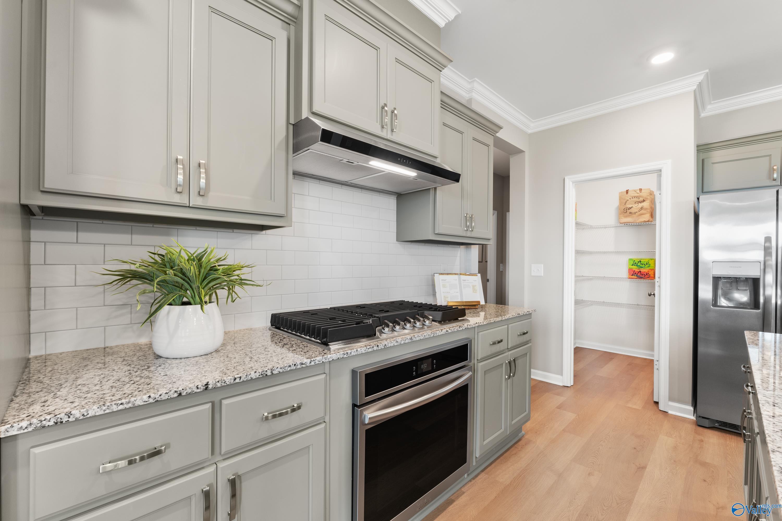 Modern gray kitchen featuring granite counters, stainless appliances, subway tile backsplash, and pantry in Davidson Homes The Sanctuary, Athens AL