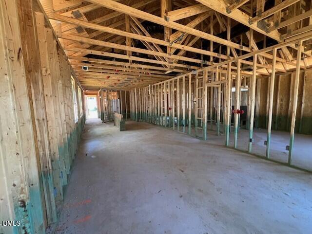 Interior wood framing of The Carter A floor plan under construction at Gregory Village in Lillington, North Carolina.