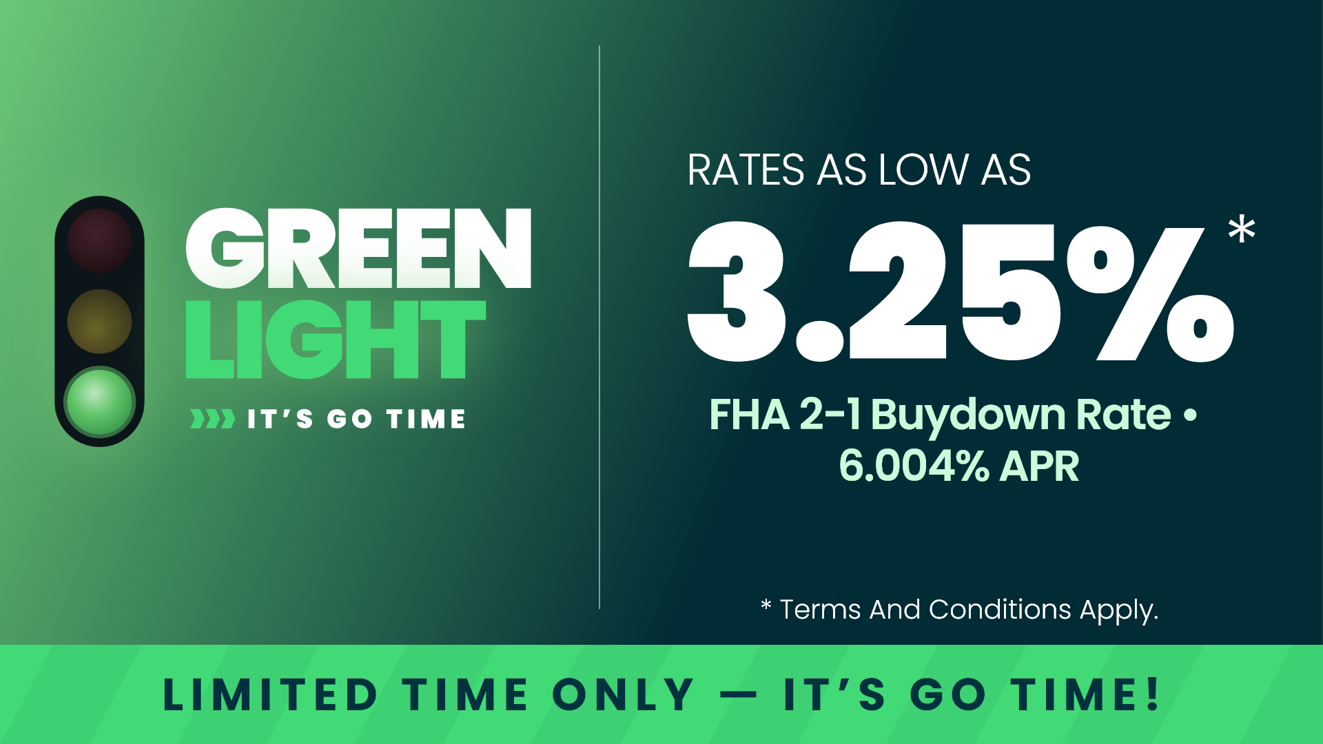 Green light traffic sign promoting FHA 2-1 buydown with rates as low as 3.25% (6.004% APR), limited time Dallas new home offer