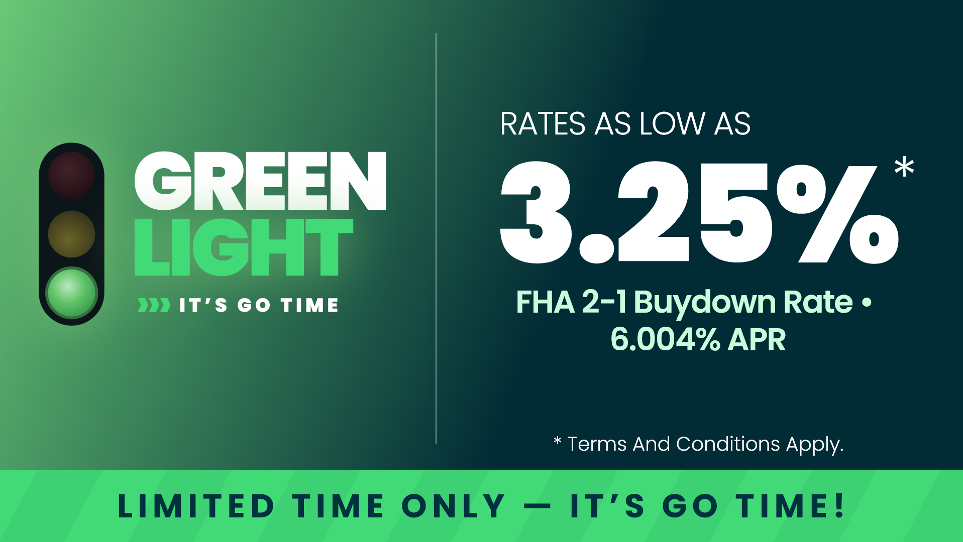 Green light traffic sign promoting FHA 2-1 buydown with rates as low as 3.25% (6.004% APR), limited time Dallas new home offer