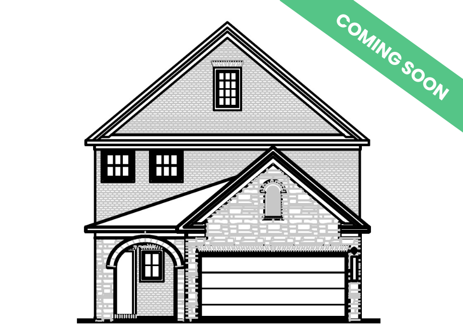 The Summit J two-story home elevation featuring a brick and shingle exterior with a two-car garage.