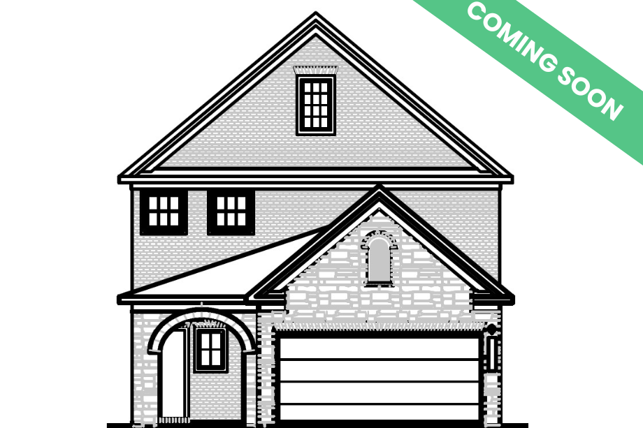 The Summit J two-story home elevation featuring a brick and shingle exterior with a two-car garage.