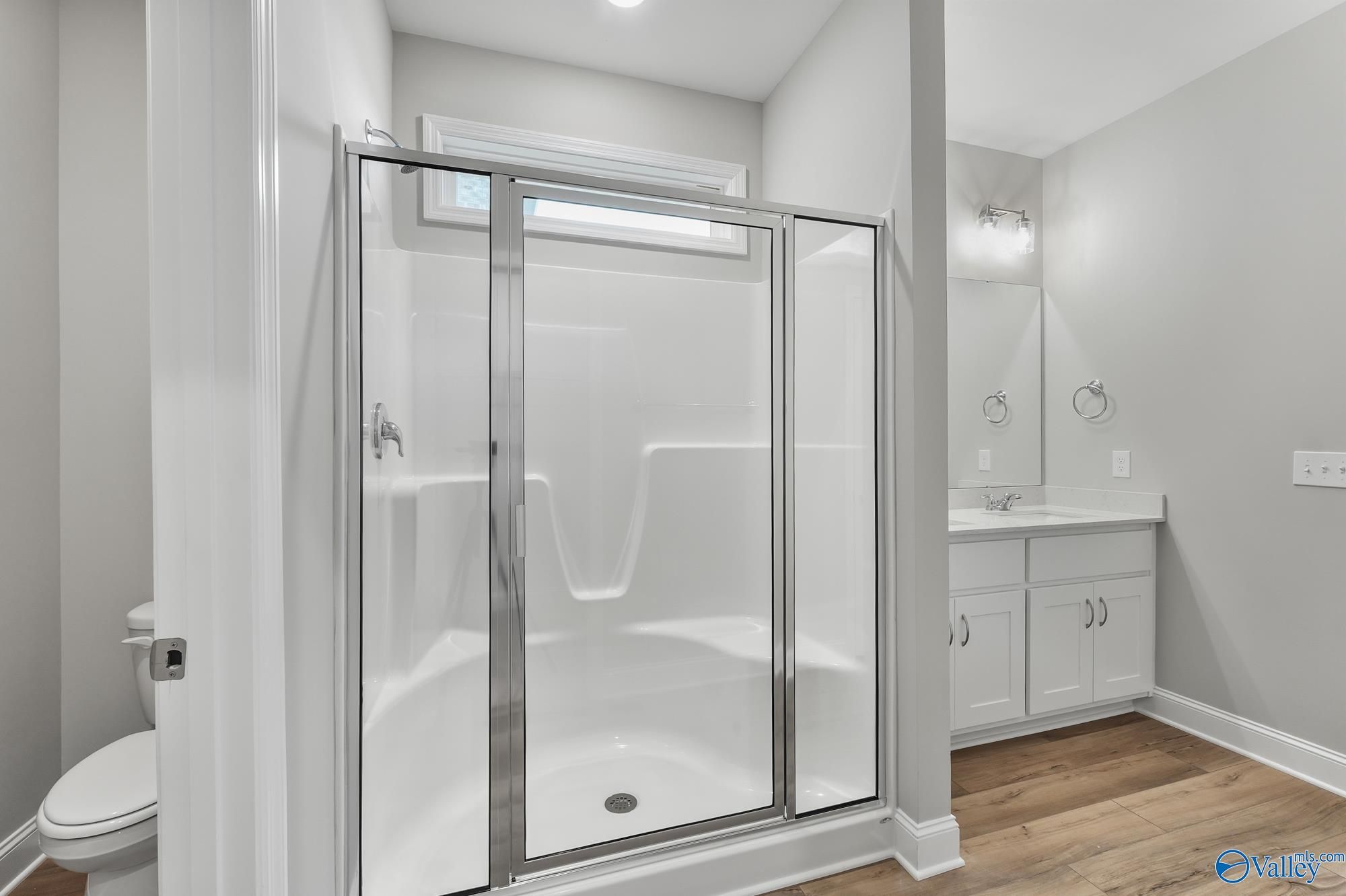 Modern walk-in shower with glass doors and double vanity in master bath of The Daphne D by Davidson Homes, Athens, AL