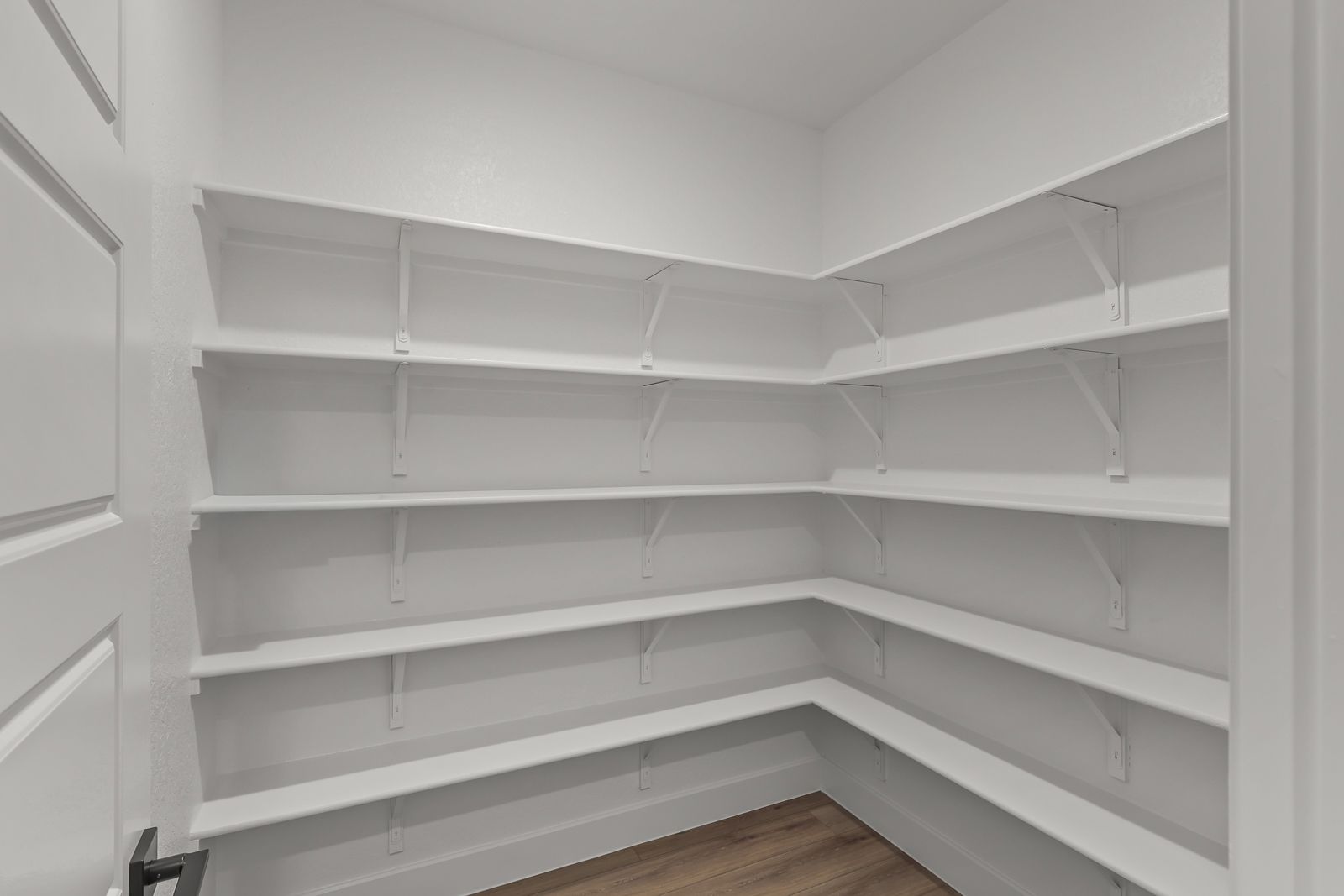 Spacious walk-in pantry with white wrap-around shelving in The Belmont J floor plan by Davidson Homes.
