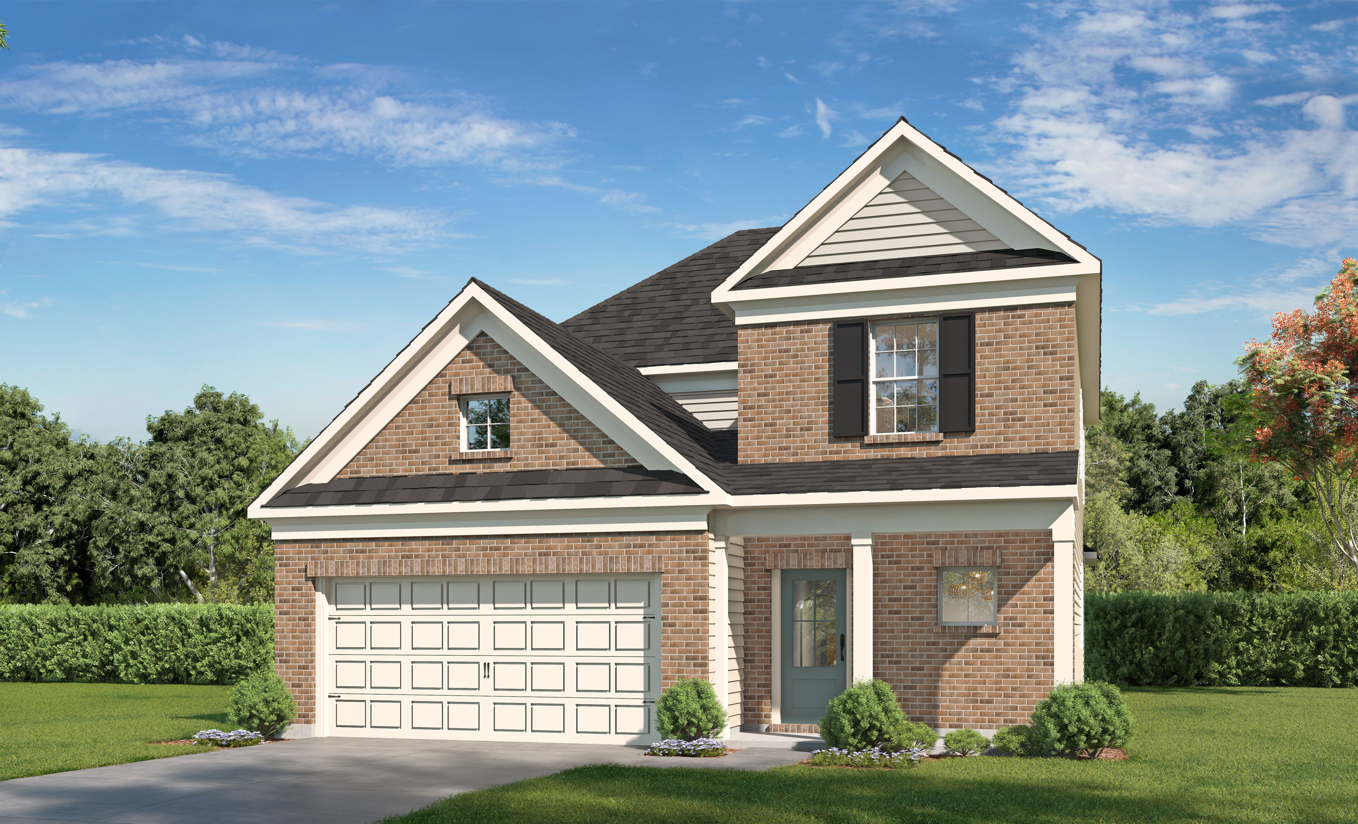 Two-story brick home exterior of The Verano E by Davidson Homes in Katy, Texas, with 2-car garage, gabled roof, and front porch