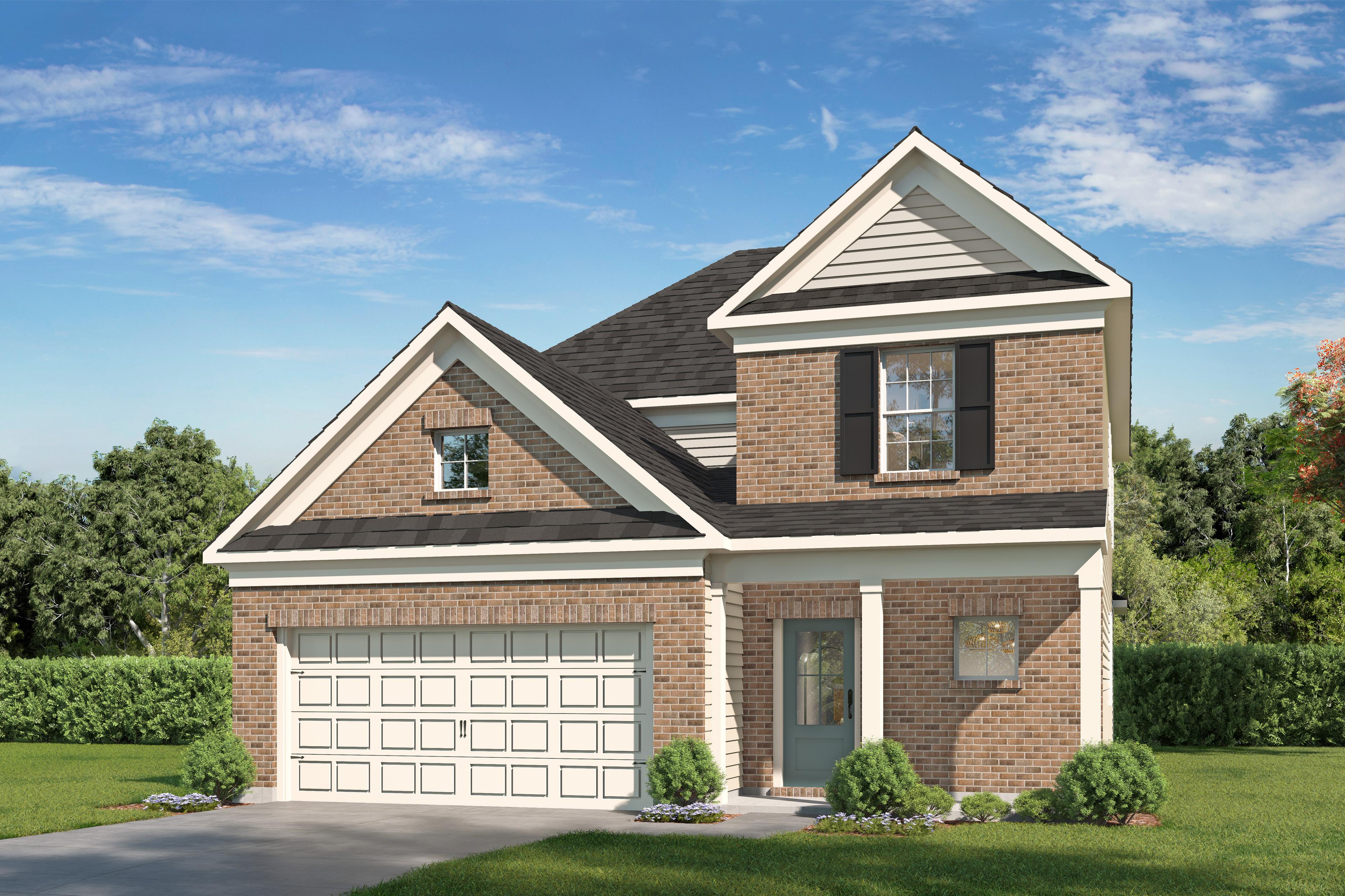 Two-story brick home exterior of The Verano E by Davidson Homes in Katy, Texas, with 2-car garage, gabled roof, and front porch