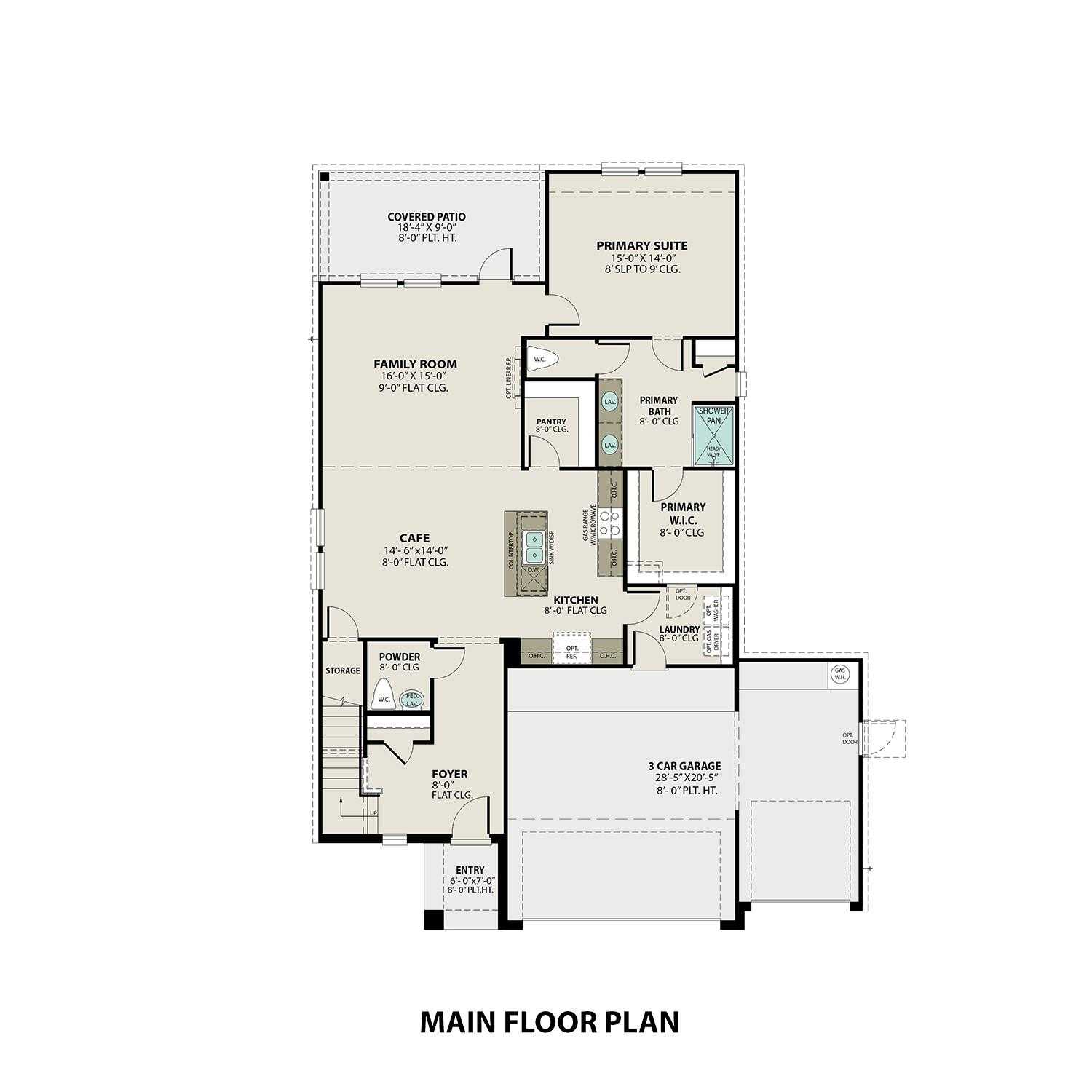 Main floor plan of Davidson Homes The Tierra A: 4-bedroom layout with open kitchen, family room, primary suite, 3-car garage in Dayton, Texas