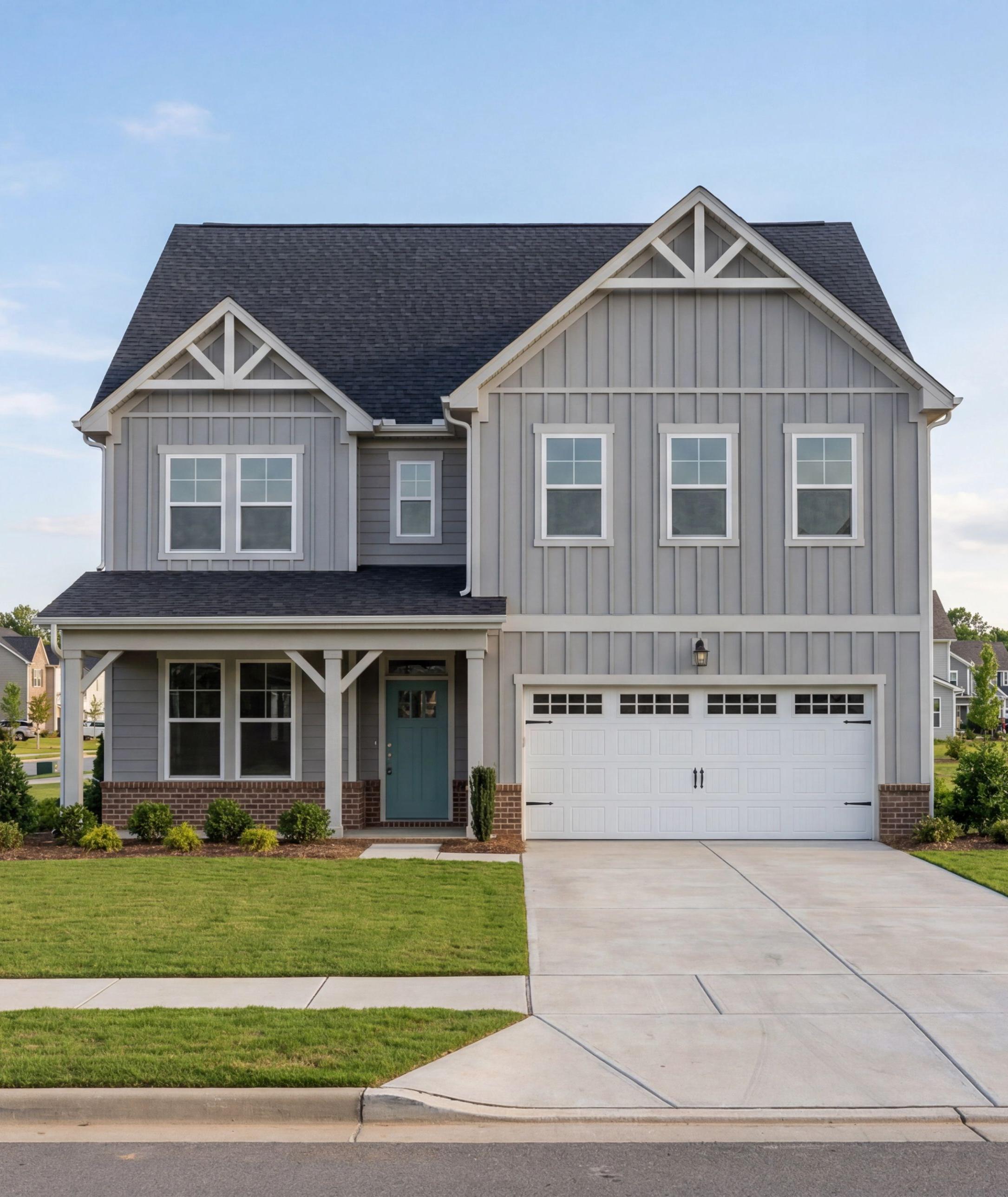 Two-story gray farmhouse exterior at Addison West in Holly Springs, NC, built by Davidson Homes with a two-car garage.