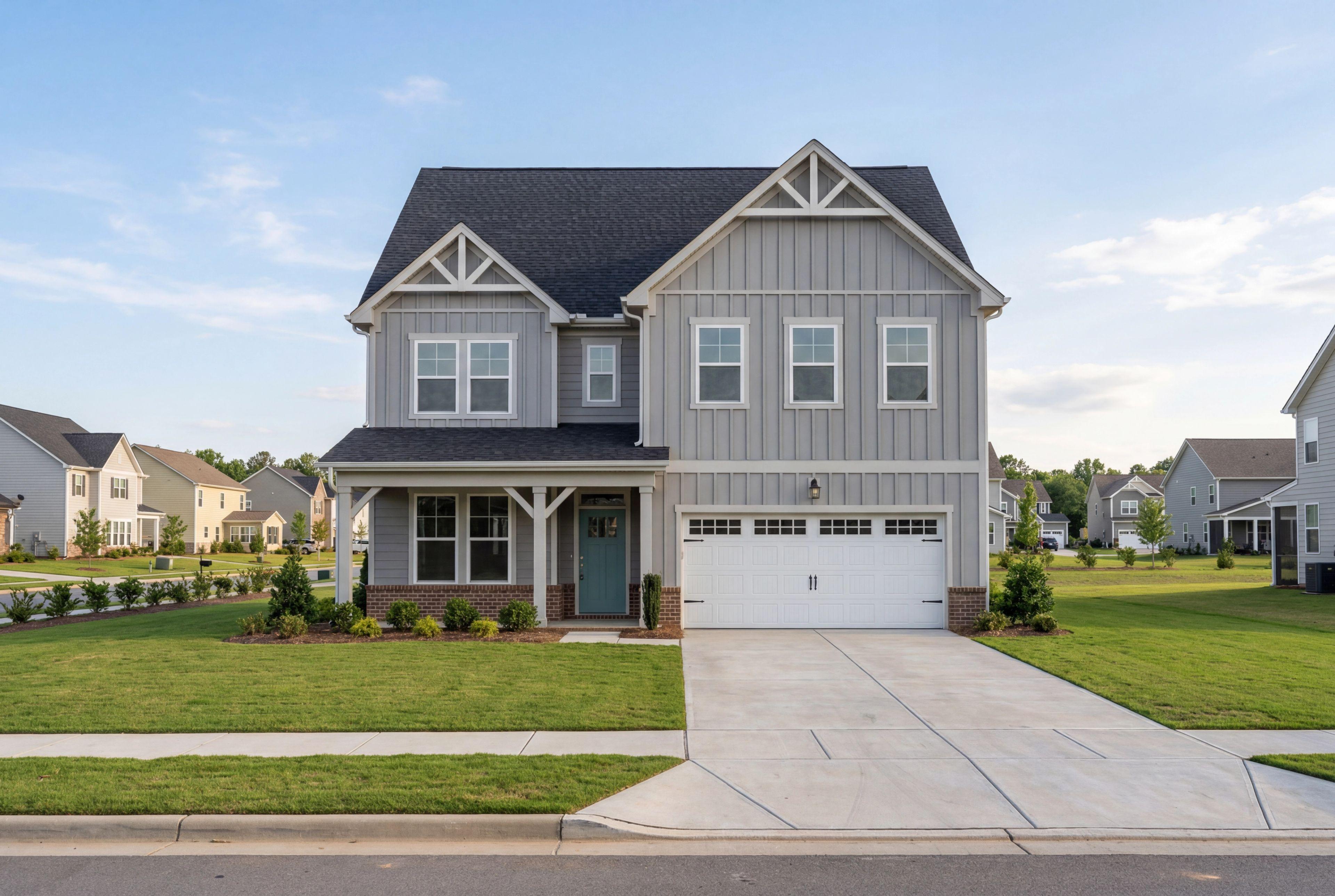 Two-story gray farmhouse exterior at Addison West in Holly Springs, NC, built by Davidson Homes with a two-car garage.