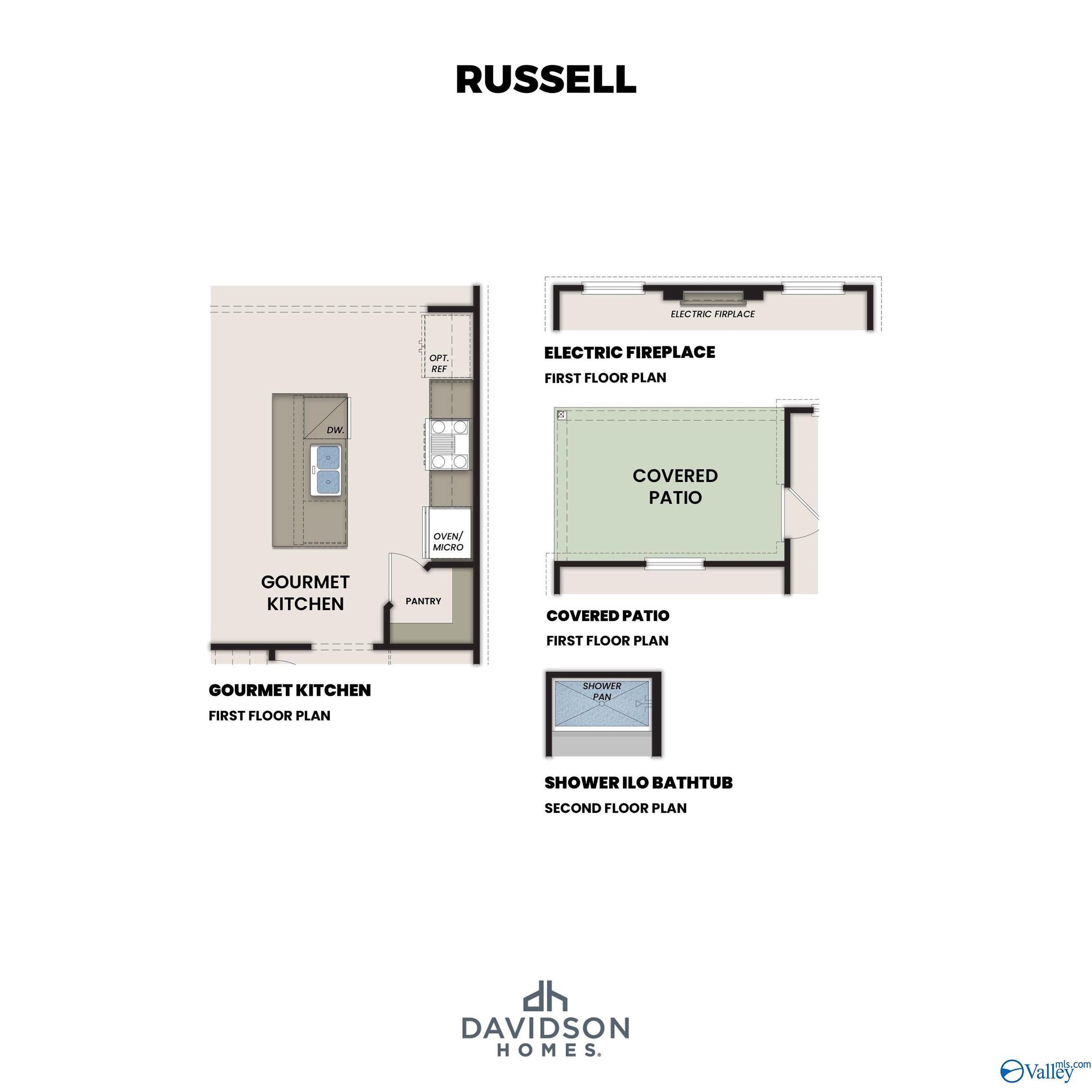 The Russell A first floor plan with gourmet kitchen, electric fireplace, covered patio by Davidson Homes in Huntsville, Alabama