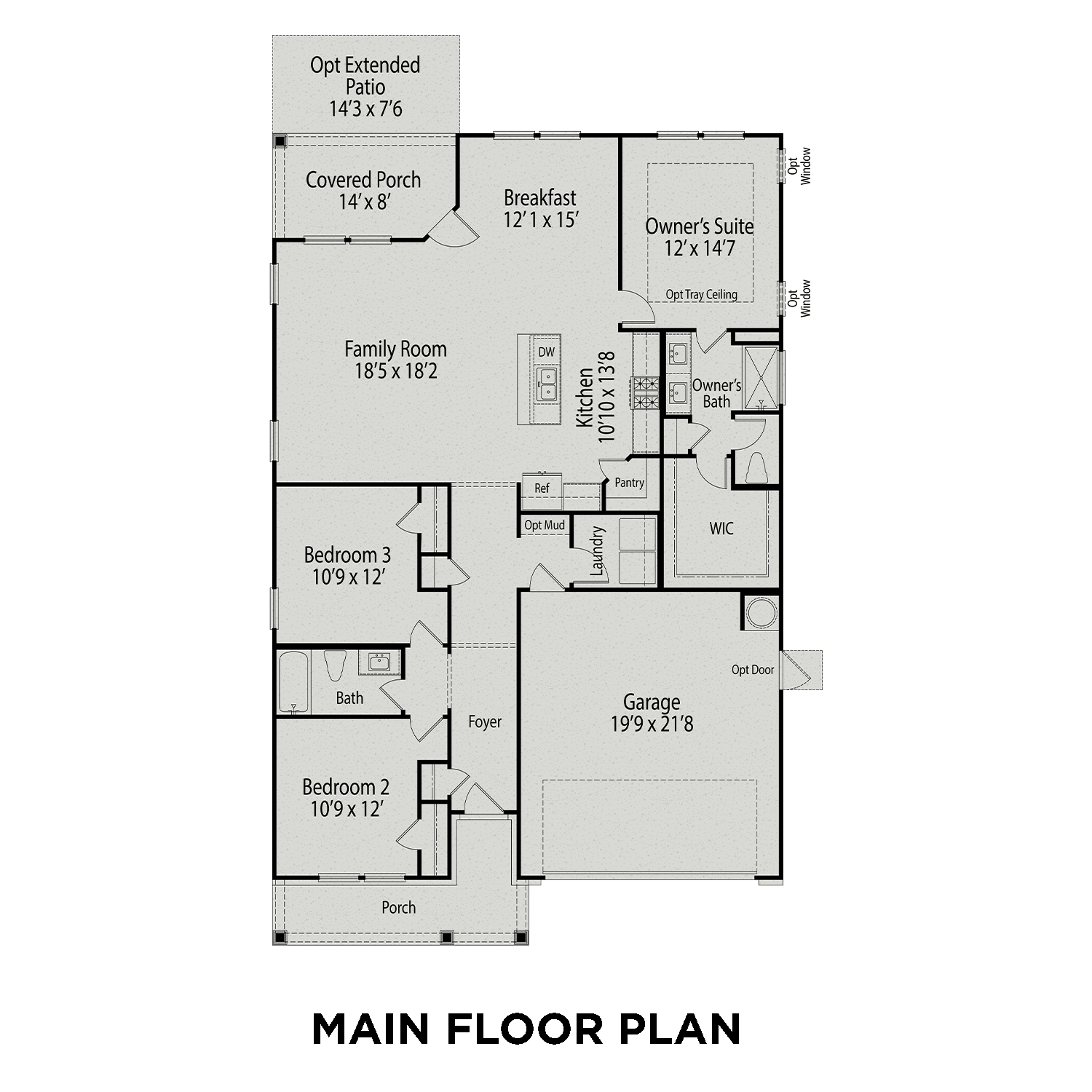 First-floor plan of The Franklin C 3-bedroom single-story home featuring owner's suite, open family room, kitchen, and 2-car garage