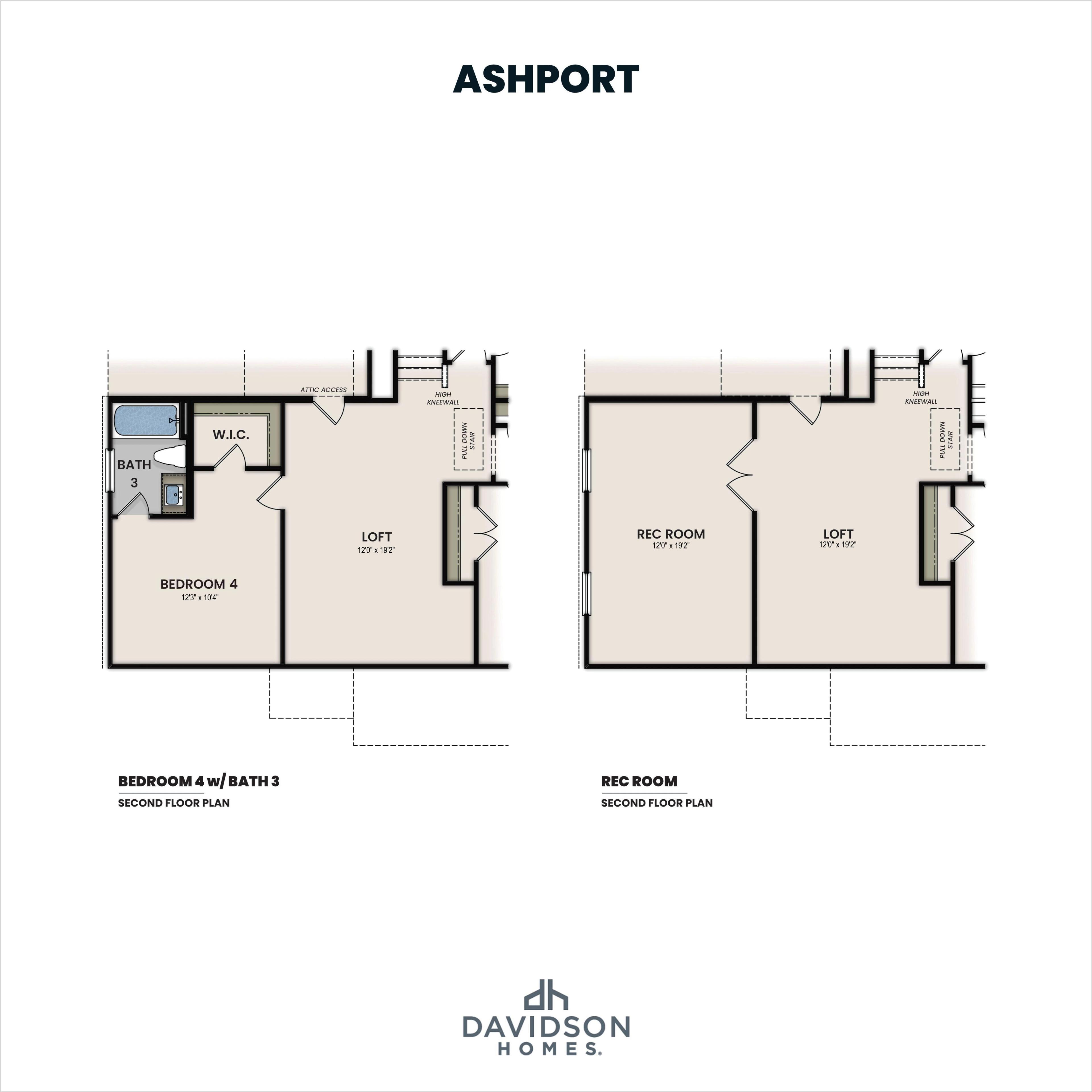 Ashport two-story floor plans by Davidson Homes: first floor bedroom suite and loft, second floor with 3 bedrooms, baths, rec room