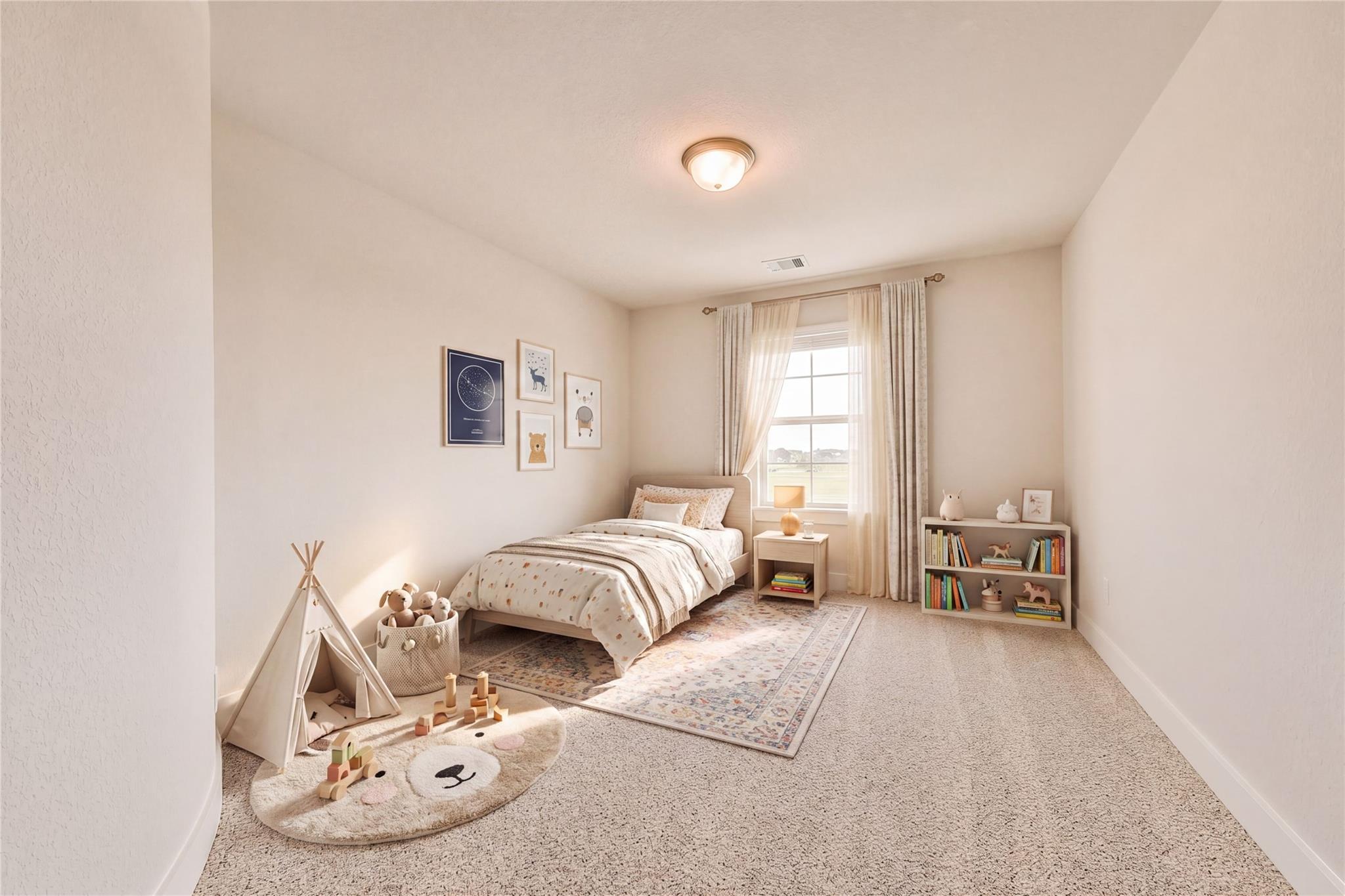 Cozy kids bedroom with twin bed, teepee tent, stuffed animals and bookshelves in Davidson Homes The Victoria A, Lago Mar Texas City