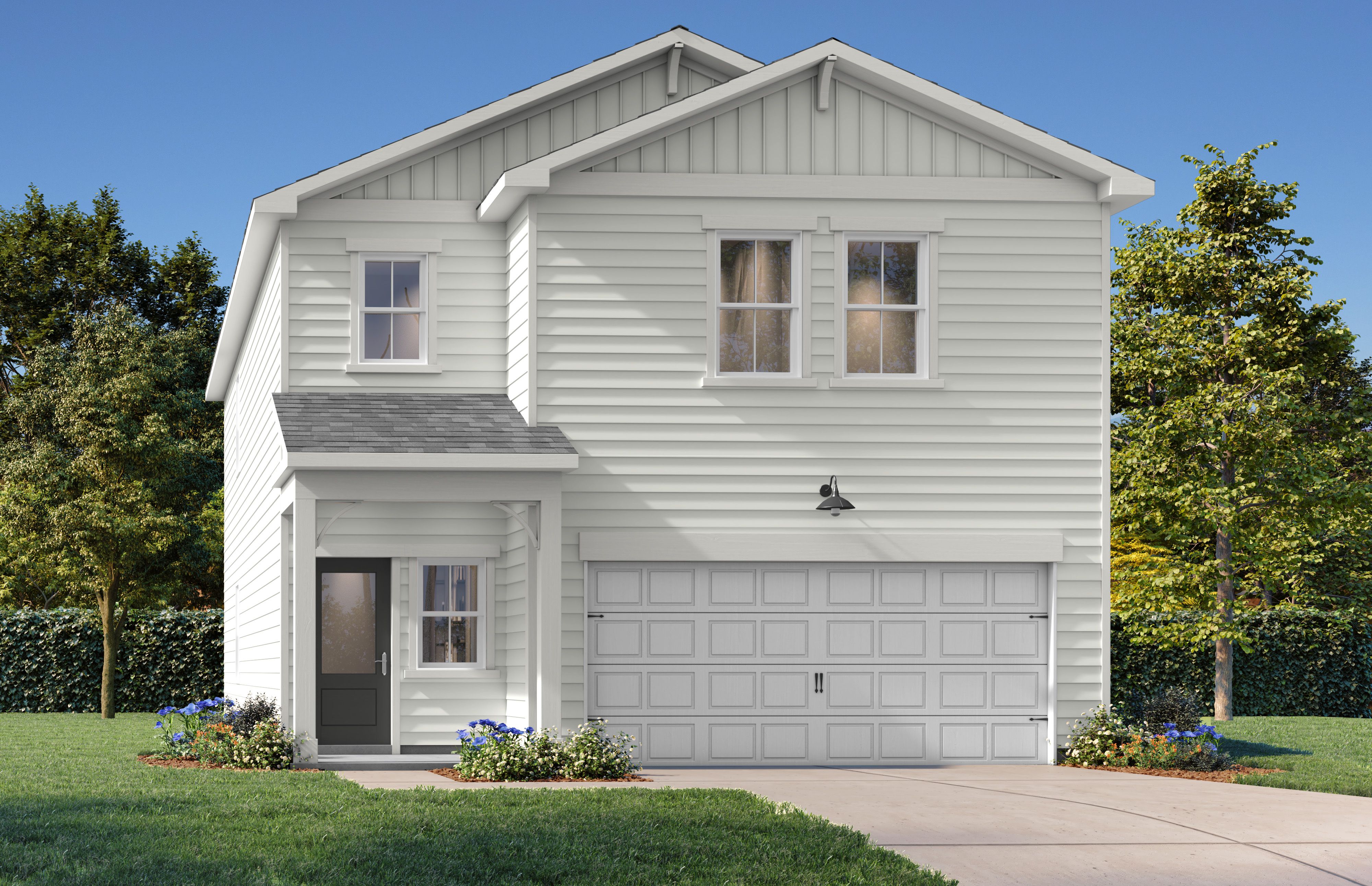 Modern two-story Russell home elevation with gray siding, black shutters, covered porch, and two-car garage amid landscaped yard