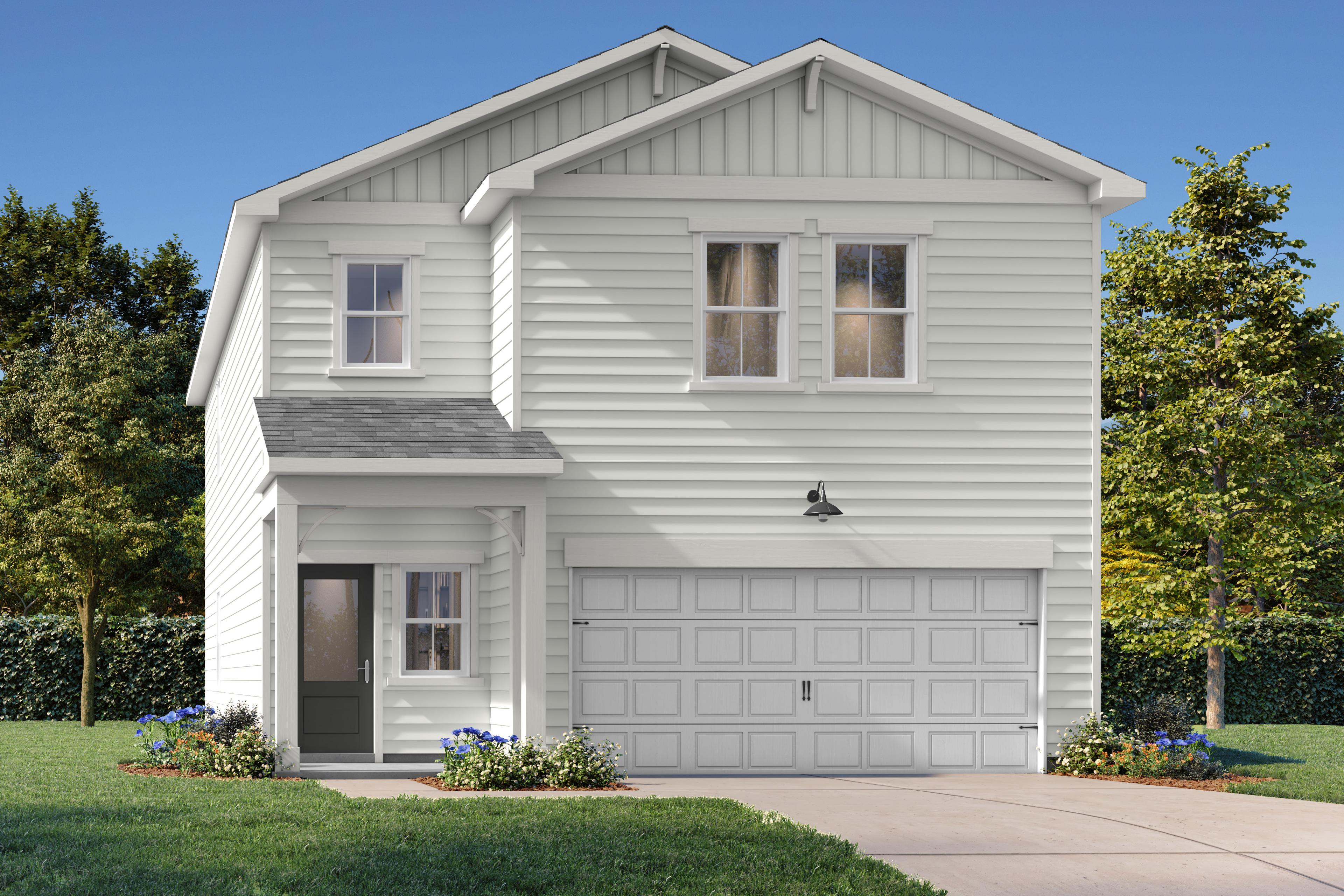 Modern two-story Russell home elevation with gray siding, black shutters, covered porch, and two-car garage amid landscaped yard