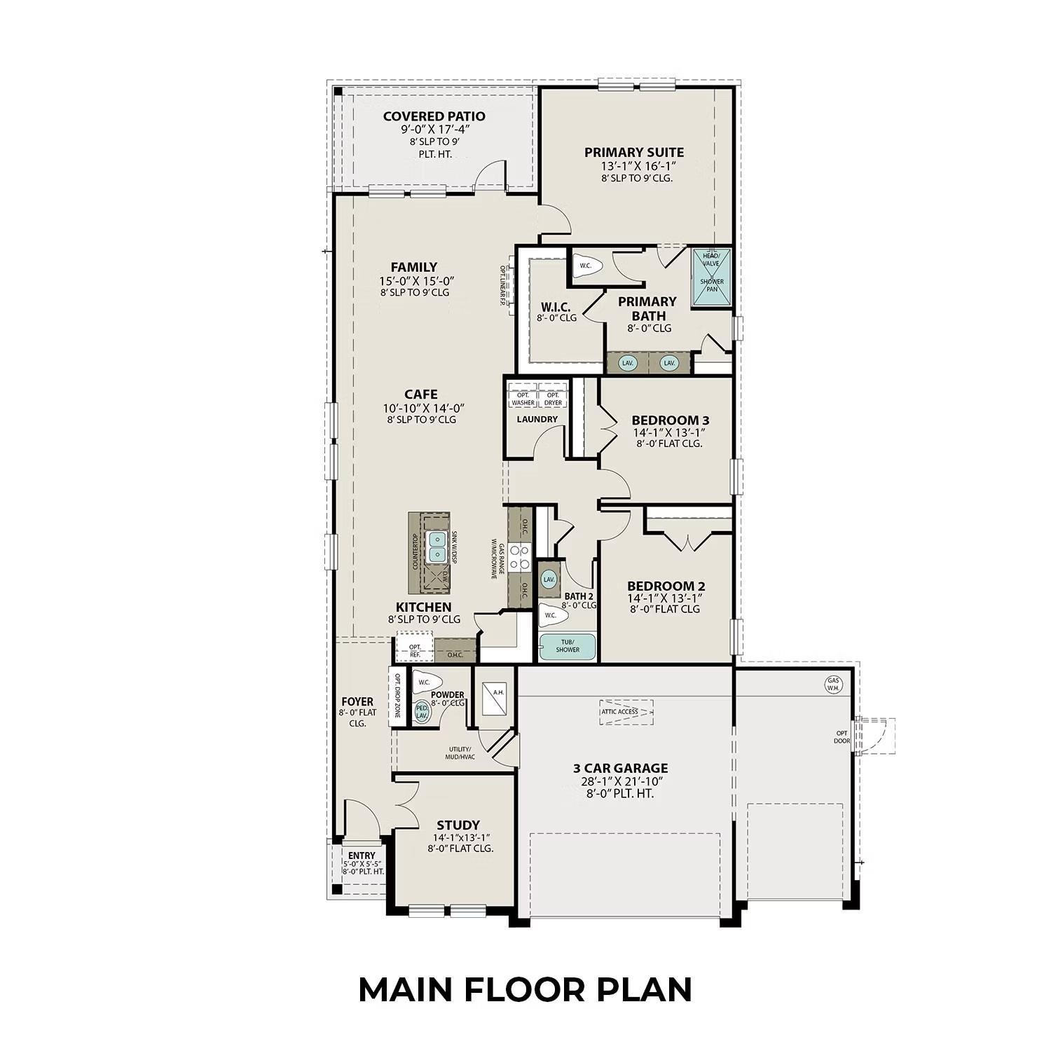 Main floor plan of The Riviera A 3-bedroom, 2.5-bath home by Davidson Homes in Sierra Vista, Rosharon, Texas with 3-car garage
