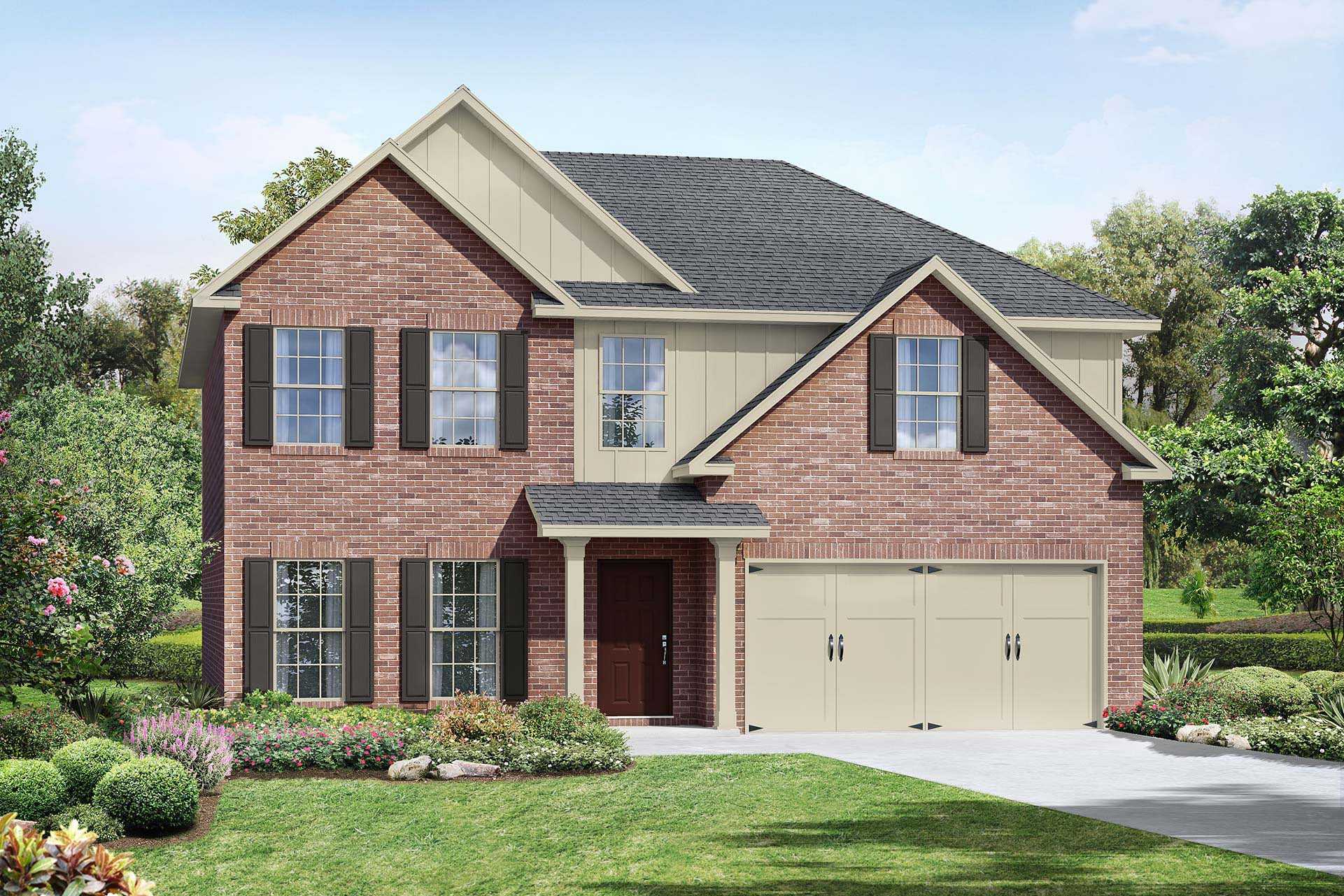 Two-story brick elevation of The Charleston showcasing beige siding, front porch, 2-car garage, and lush landscaping